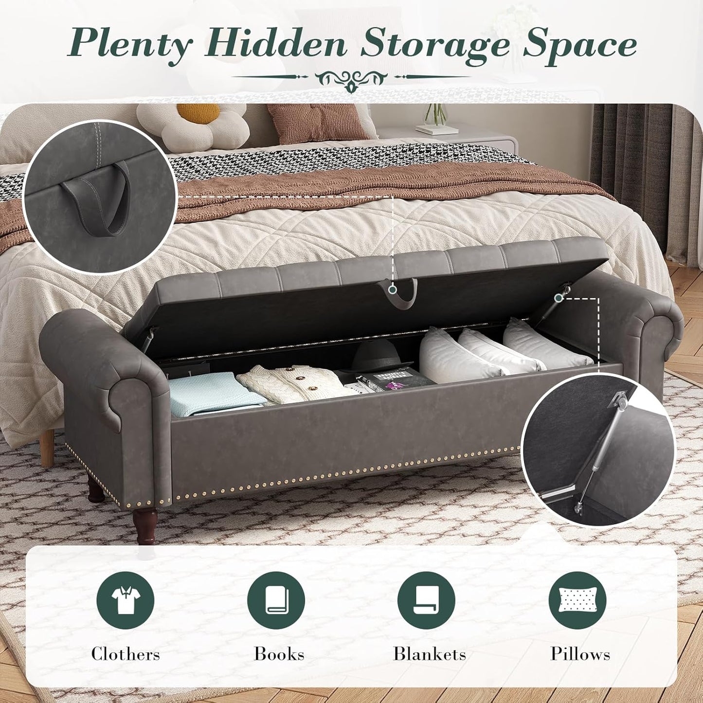 Apicizon 60”Bench with Storage, Upholstered Tufted Button Window Bench with Plenty Hidden Storage Space,Faux Leather Ottoman Bench for Bedroom, Living Room, Entryway，Gray