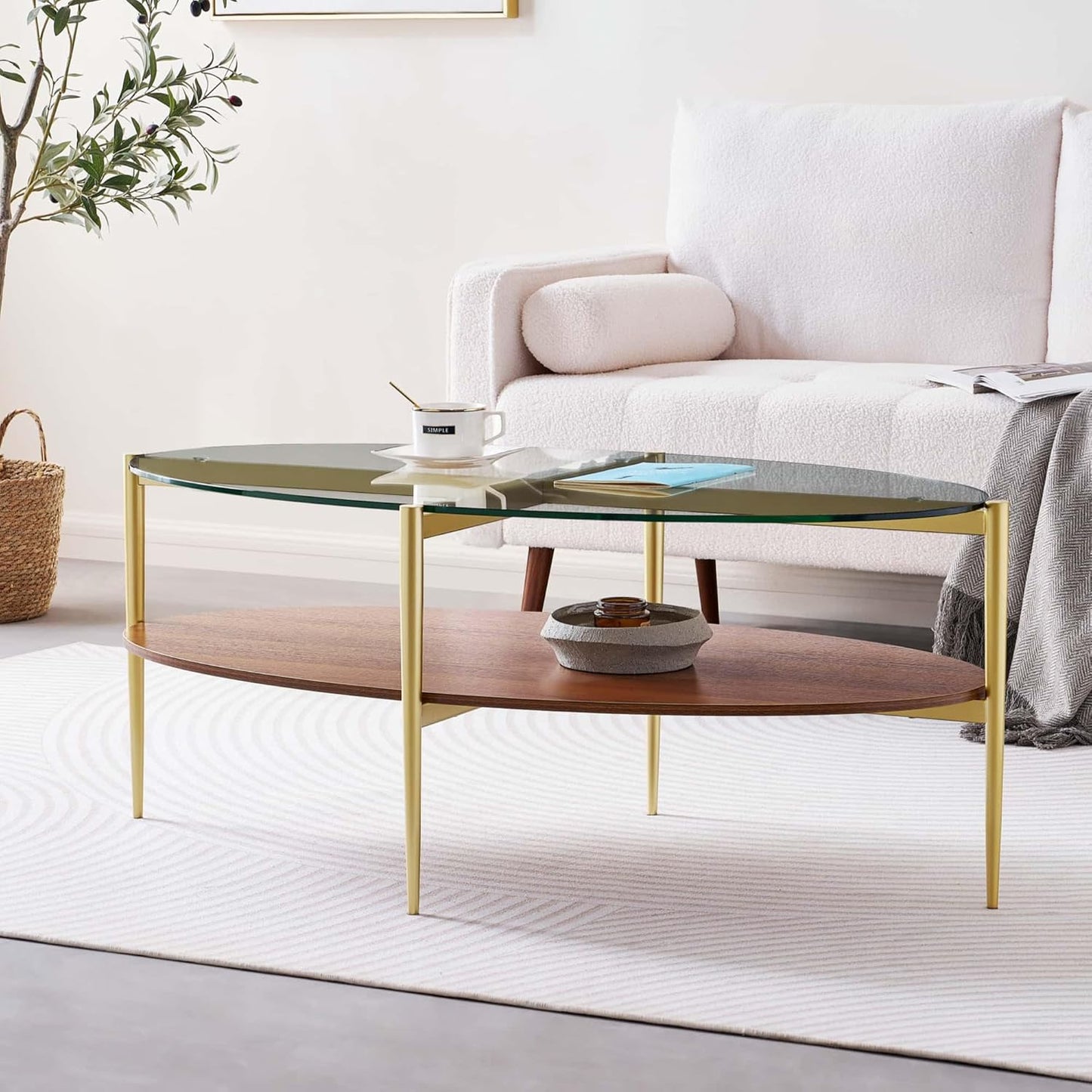 Oval Glass Coffee Table, Mid-Century Modern Design, L43 x W22 x H17 inch, 2-Tier Structure, Olive Shaped Clear Glass Top and Walnut Finish Wood Shelf, Tapered Legs with Gold Finish Frame