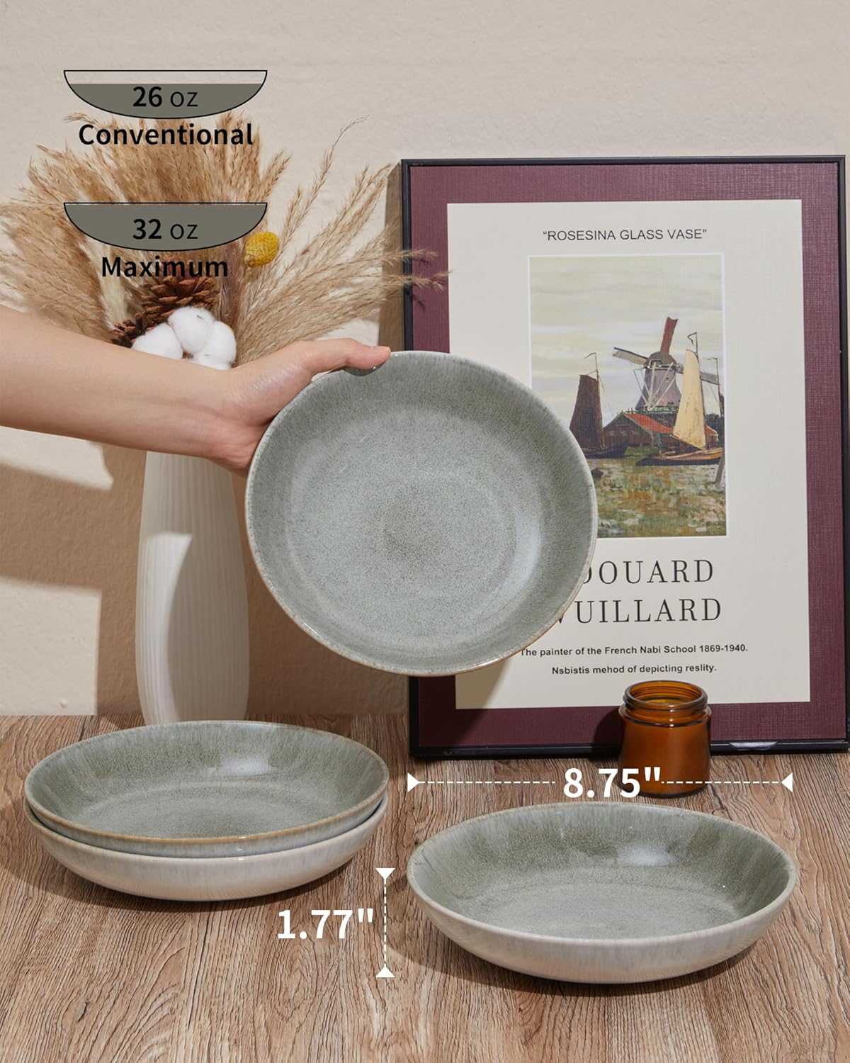 16 Piece Double Bowl Dinnerware Sets, Stain Resistant Dish Set with Pasta Bowls, Easy Cleaning Dishes, Multi-Functional Plate and Bowl, Stack Compactly Plate Set, Service for 4