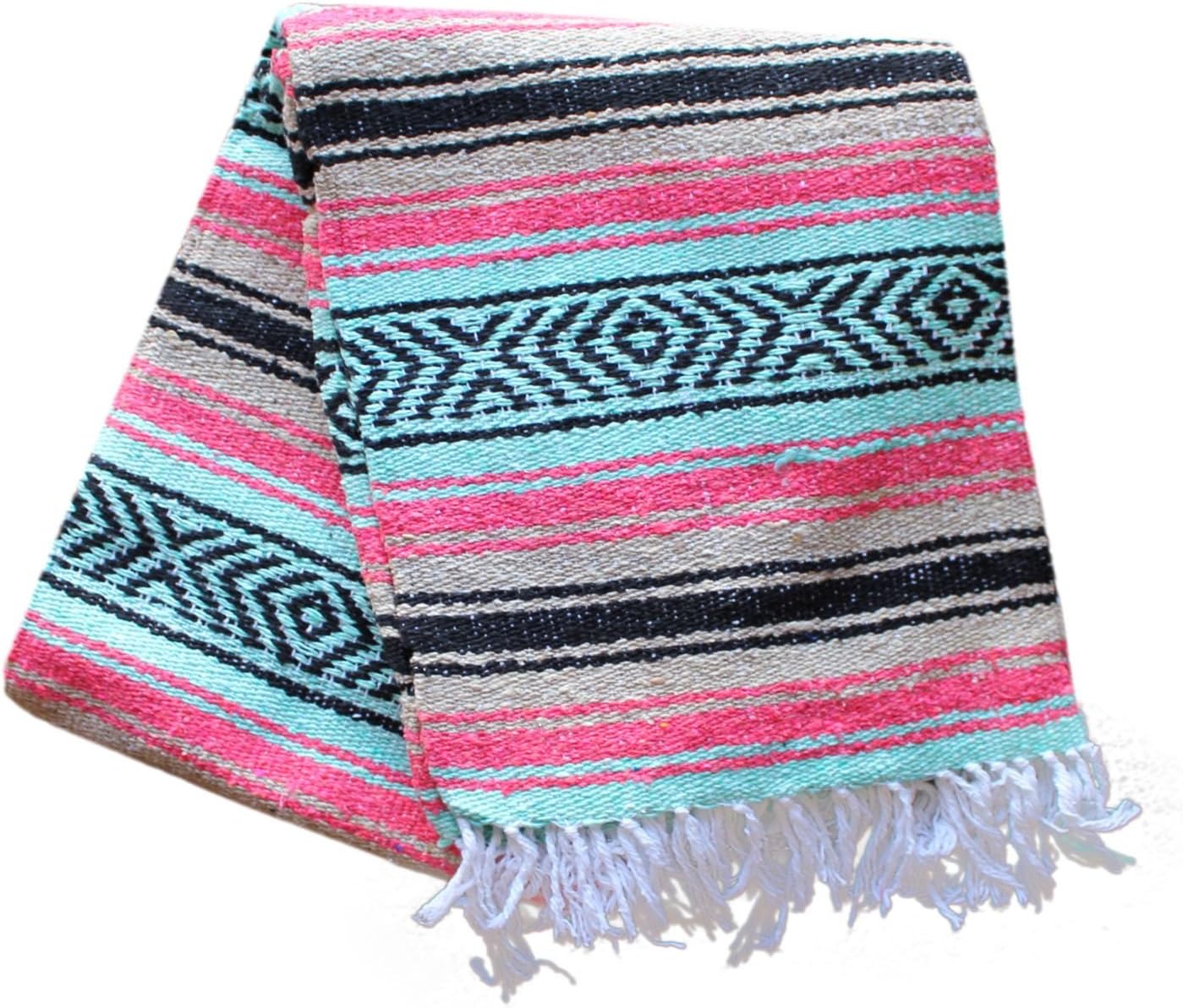 Del Mex Classic Mexican Blanket, Large Authentic Woven Falsa Throw (70"x50"), Artisan Southwest Décor for Beach, Yoga, Outdoors (Mint/Tan/Pink)