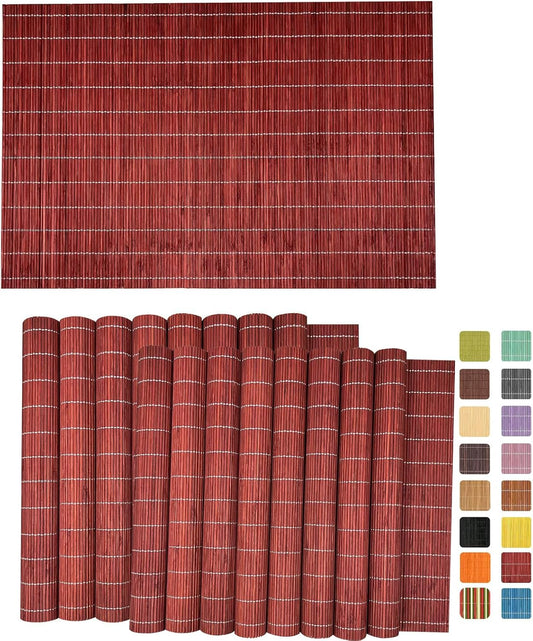 ANDSTAR Set of 24 Bamboo Placemats 17.7X11.8Inch Sushi Rolling Mat Japanese Style Bamboo Mat Natural Place Mats Washable Heat Resistant Table Mats for Dinner Dining Table Wedding Parties（Red）