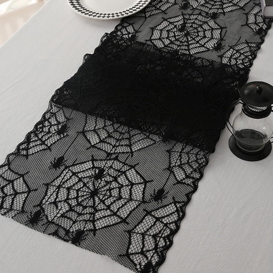 Halloween Lace Table Runners Black Gothic Spider and Cobweb Designs Lace Tablecloth Decorations Autumn Indoor Party Tabletop Cove for Halloween Decor Fireplace Mantel Scarf