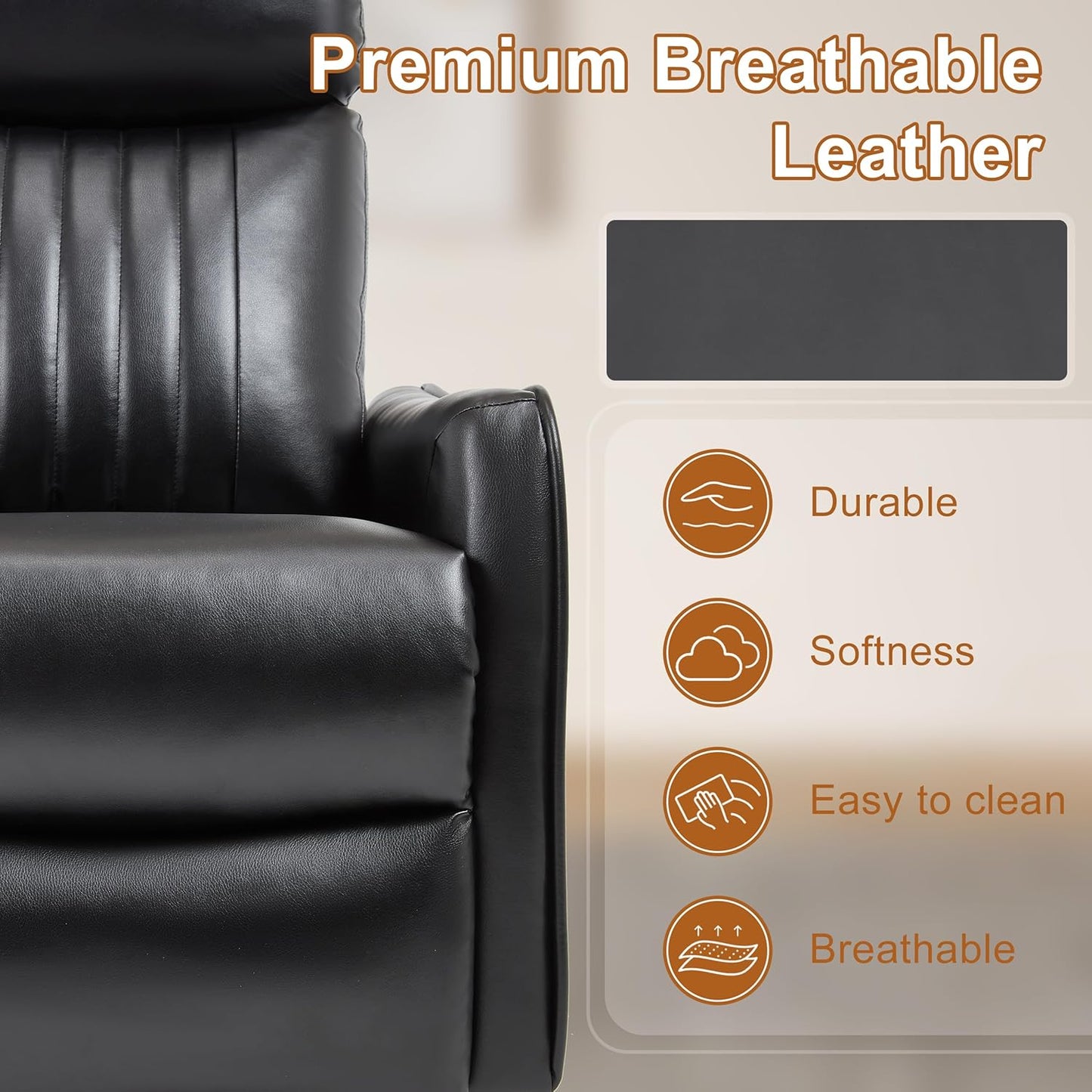 Manual Swivel Rocker Recliner Chair for Adults, Overstuffed Reclining Glider Chair for Nursing with Vibration Massage & Heat, Living Room Rocking Recliner 2-Stage backrest, Faux Leather Black