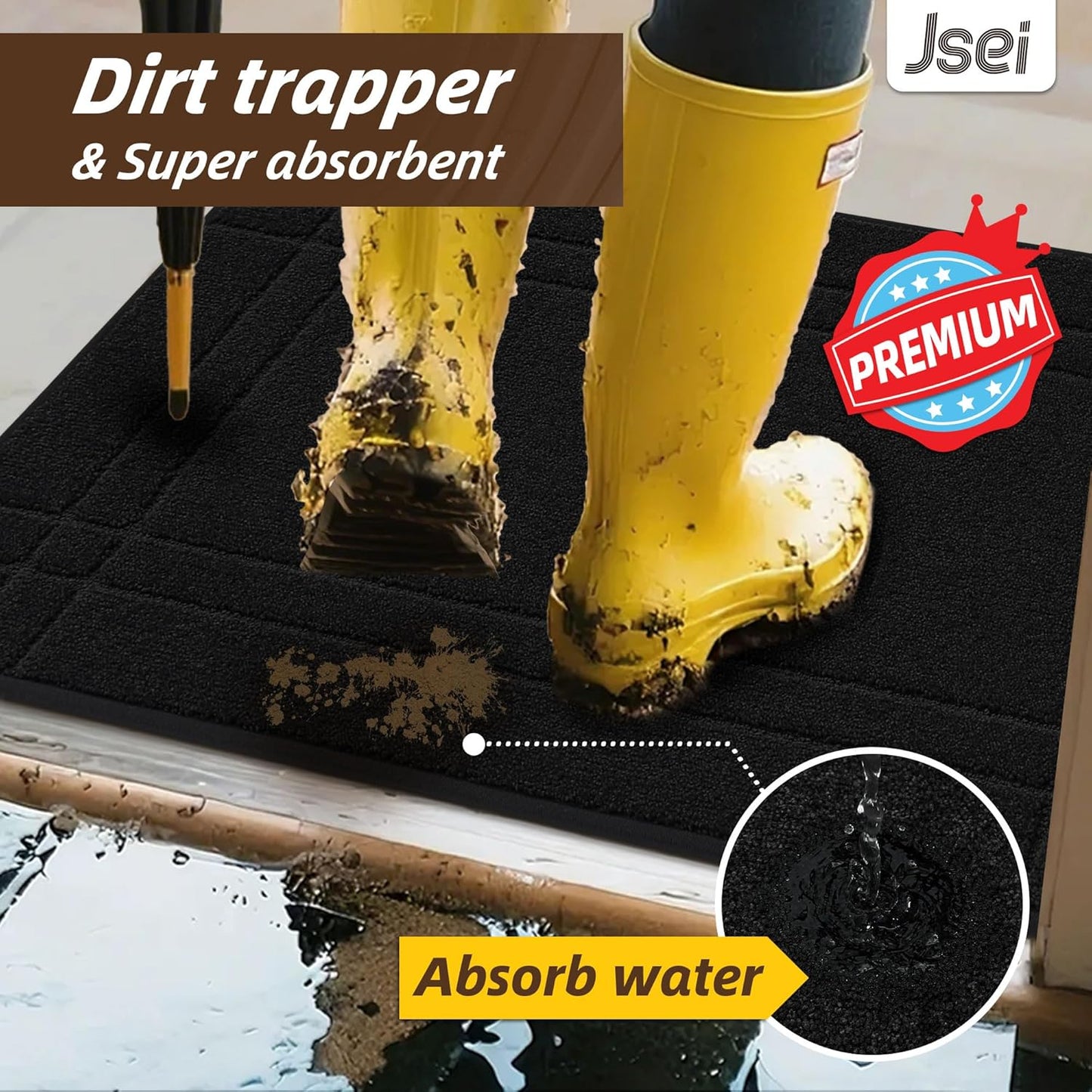 JSEI Entryway Rugs Doormat 20"x32", Non-Slip Dirt Trapper Door Mats Indoor, Washable Absorbent and Stain Resist Welcome Floor Mat for Front Door, Dog Door Mat, Muddy Wet Shoes & Paws, Black