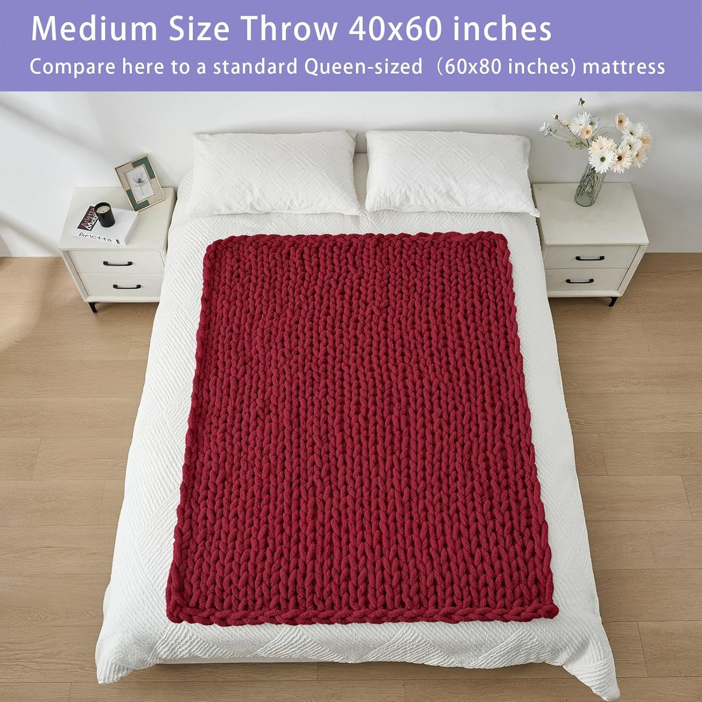 Bigacogo Chunky Knit Throw Blanket for Couch, 40x60 inches, 100% Hand Knitted with Thick Jumbo Chenille Yarn, Cozy Soft Large Rope Knot Cable Crochet Blankets for Sofa Bed Living Room, Red