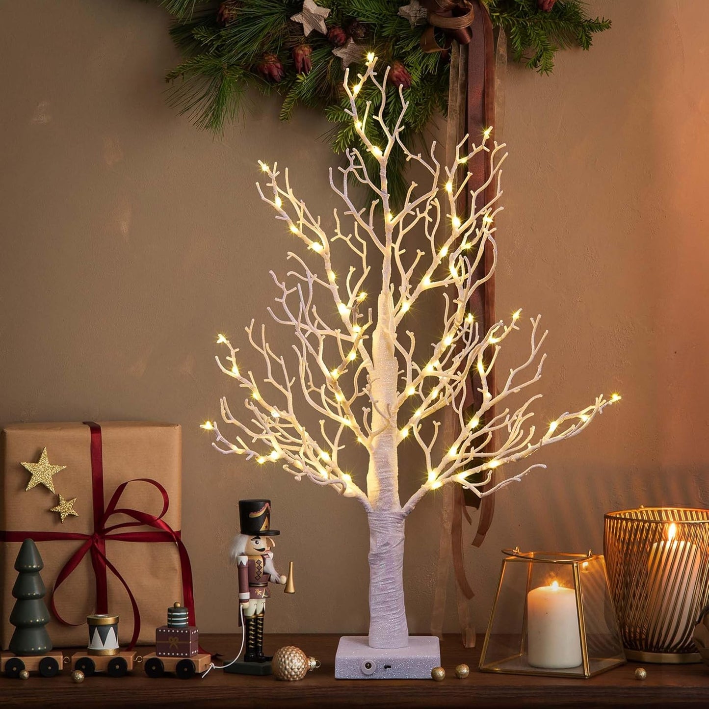 LIGHTSHARE 24IN Lighted Willow Tree Bonsai 70 Mini LED Lights Artificial White Birch Tree for Home, Festival, Wedding, Nativity, Party, and Christmas Decoration, Plug in or Battery (White)