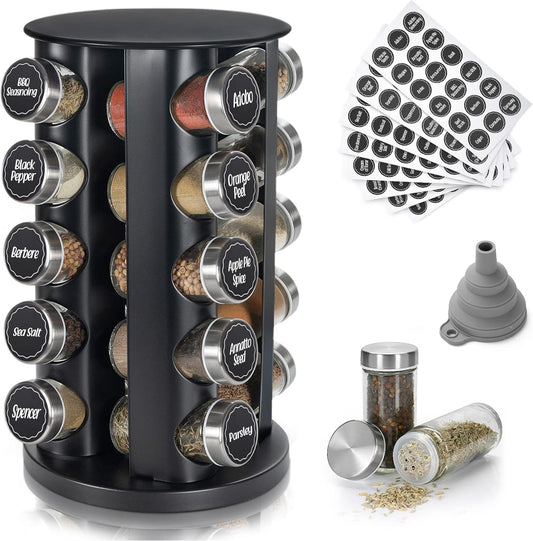 Black Countertop Revolving Spice Rack, Empty 20-Jars Rotating Spice Rack Organizer, Round Carousel Tower, 135 Spice Labels with Funnel Complete Set, for Kitchen Countertop, Cabinet