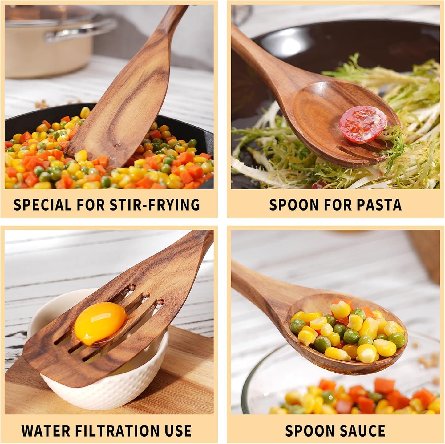 Wooden Cooking Utensils Set, 9 PCS Teak Wood Spoons, Spatula, Slotted Spoon, Handmade Modern Kitchen Utensils