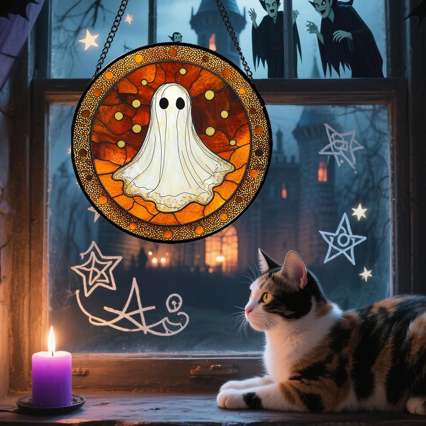 Stained Glass Window Hanging - Halloween Decorations White Ghost Suncatcher for Doors Garden Indoor Spooky Funny Orange Sun Catchers Gothic Decor Horror Gifts for Women Men Friend 6.3 in