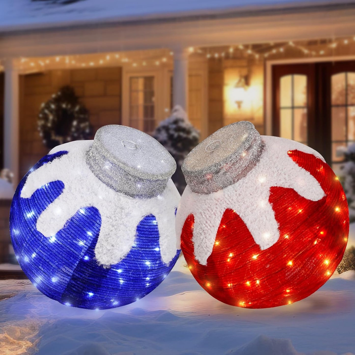 BRIGHTDECK 2 Pcs Outdoor Christmas Ornaments, Lighted Pop-Up Outdoor Holiday Ball Decoration with 80 LED Lights, 8 Light Modes, Lighted Collapsible Holiday Decorations for Yard, Home (RedBlue)