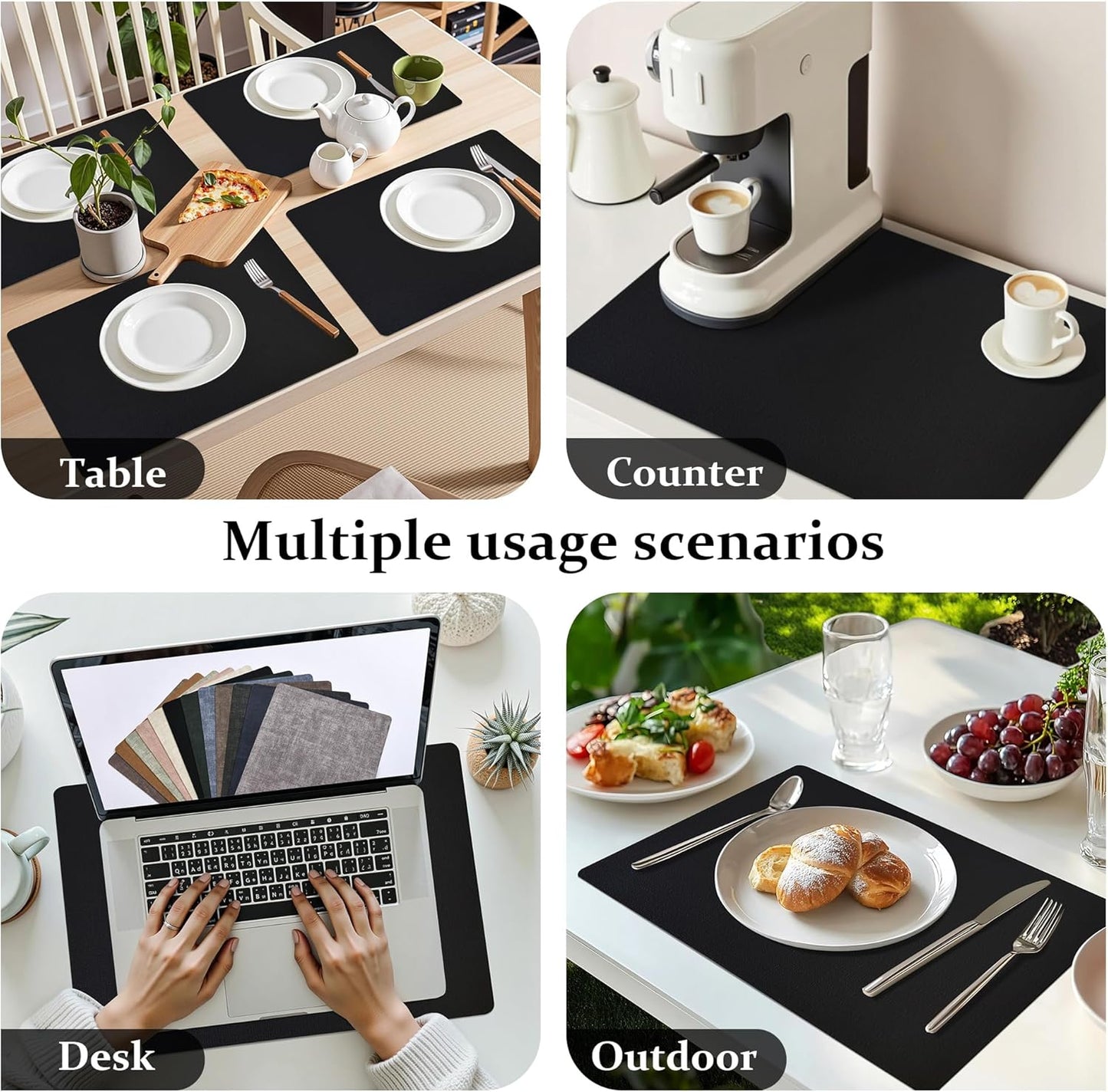 FROMHEART Faux Leather Placemats Set of 12–Waterproof,Heat/Oil Stain-Resistant PU Table Mat–Reversible,Non-Slip,Easy to Clean Place Mats for Kitchen,Dining,Indoor/Outdoor,(Black,11.8" x 17")