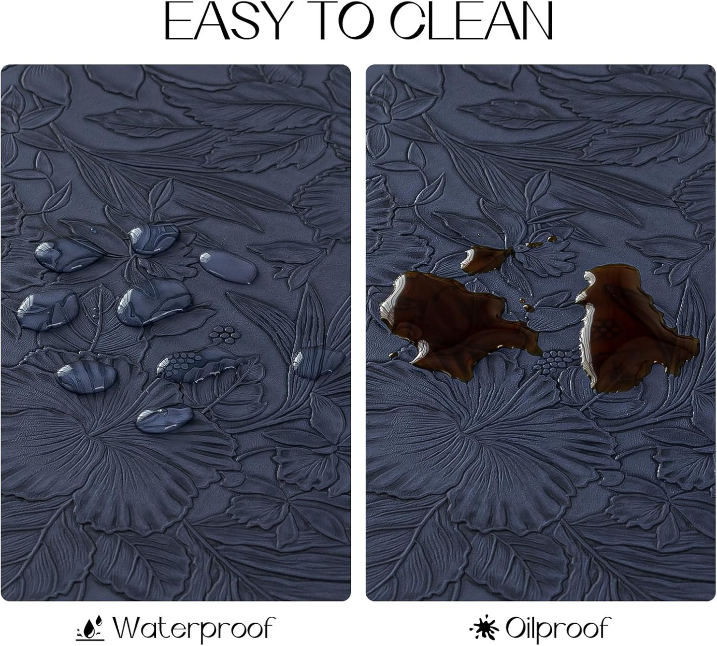 Romanstile Vinyl Placemats Set of 4-12 X 18 Inch - Heat Resistant Non-Slip Embossed Floral Place Mats 100% Waterproof Oilproof Wipeable Faux Leather Table Mats for Kitchen/Dining/Party, Navy Blue