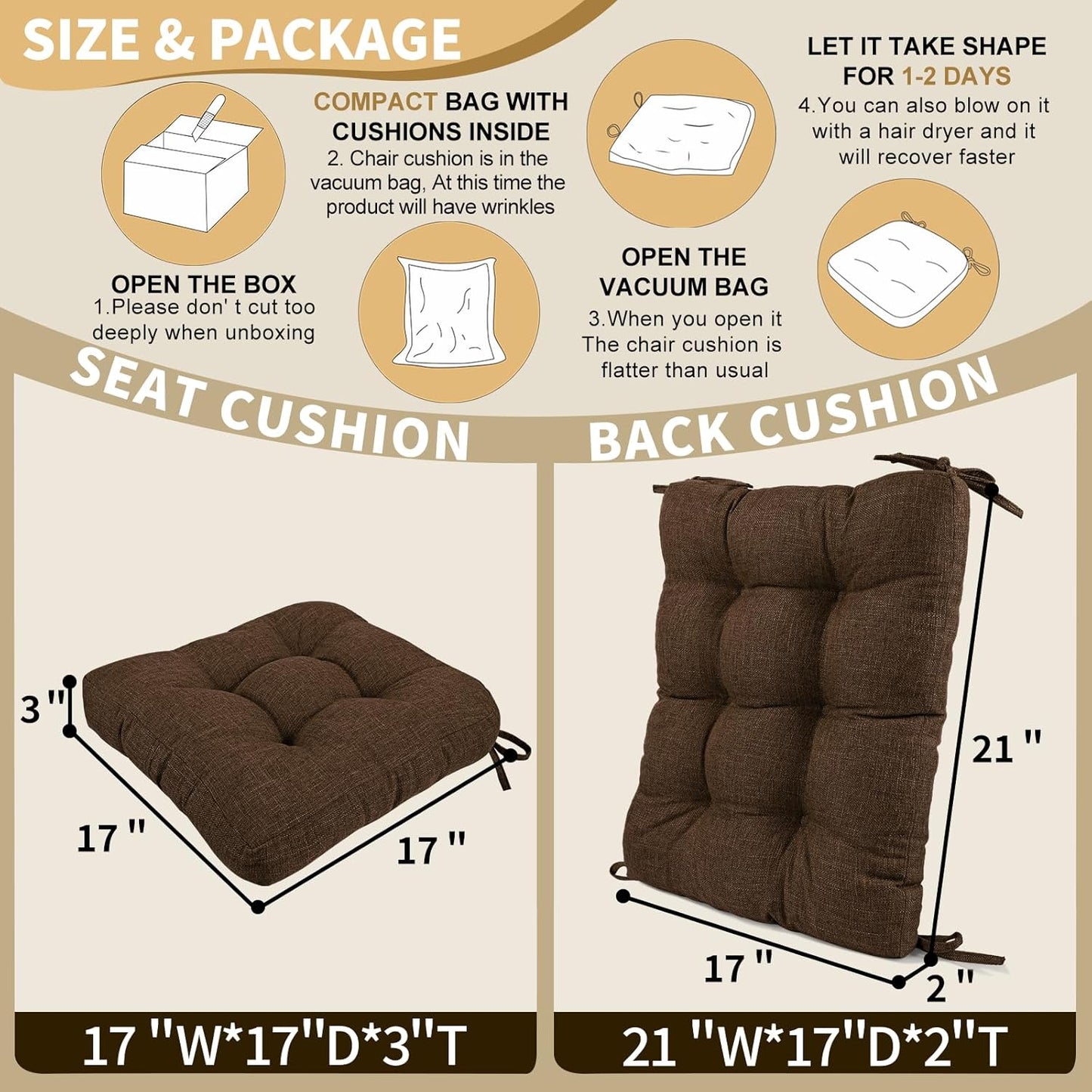 BUYUE Chair Cushion Set for Rocking Chair, Back Pillow & Seat Cushion with Ties, Original Woven Fabric Non-Slip Chair Pads for Elderly Sitting, Chocolate