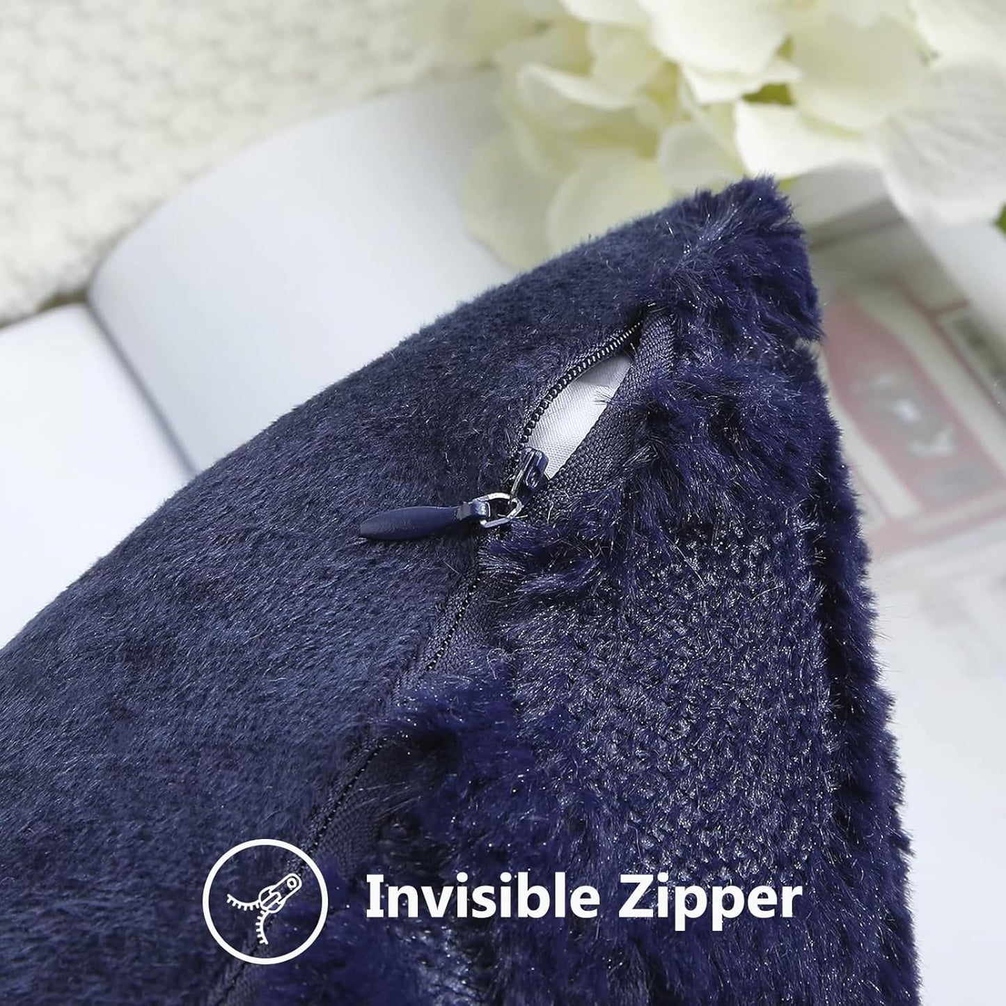 decorUhome Fall Throw Pillow Covers 20x20 Inch Set of 2, Soft Plush Decorative Faux Fur Navy Blue Solid Couch Pillow Covers, Accent Farmhouse Neutral Square Euro Pillow Cases for Sofa Bed Living Room