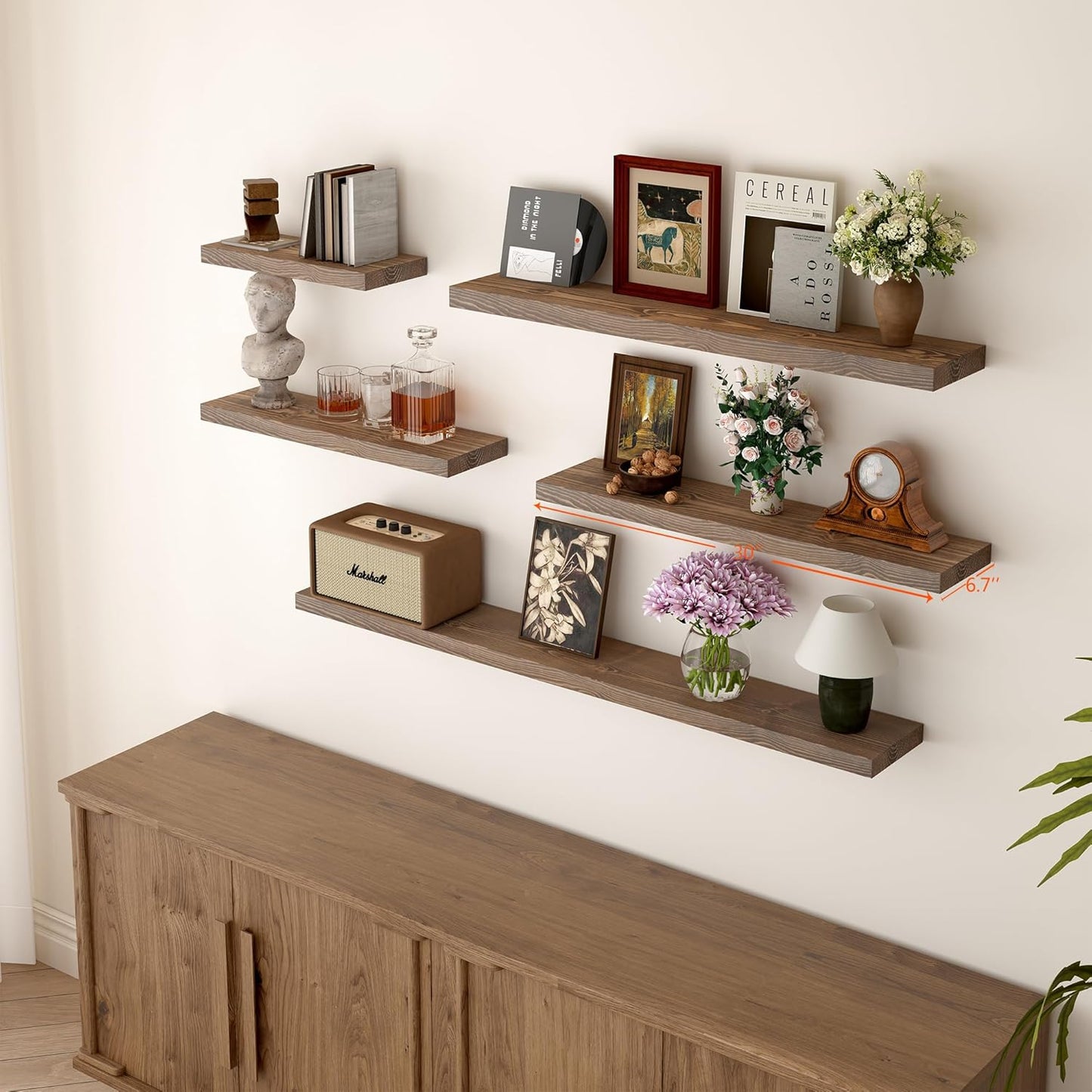 BGMG 30 inch Walnut Floating Shelves for Wall Set of 2,High End Solid Real Wood 30 in Floating Shelf,Rustic Wooden Wall Mount Shelves,Heavy Duty Bracket,30x6.7x1.25 inch