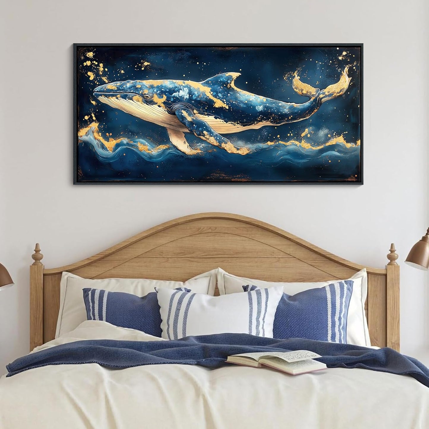 JEAWA Framed Canvas Wall Art - 20x40 IN Marine Animal Painting Wall Decor, Blue White Gold Whale Picture, Modern Art Prints for Living Room Bedroom Bathroom Home Decoration