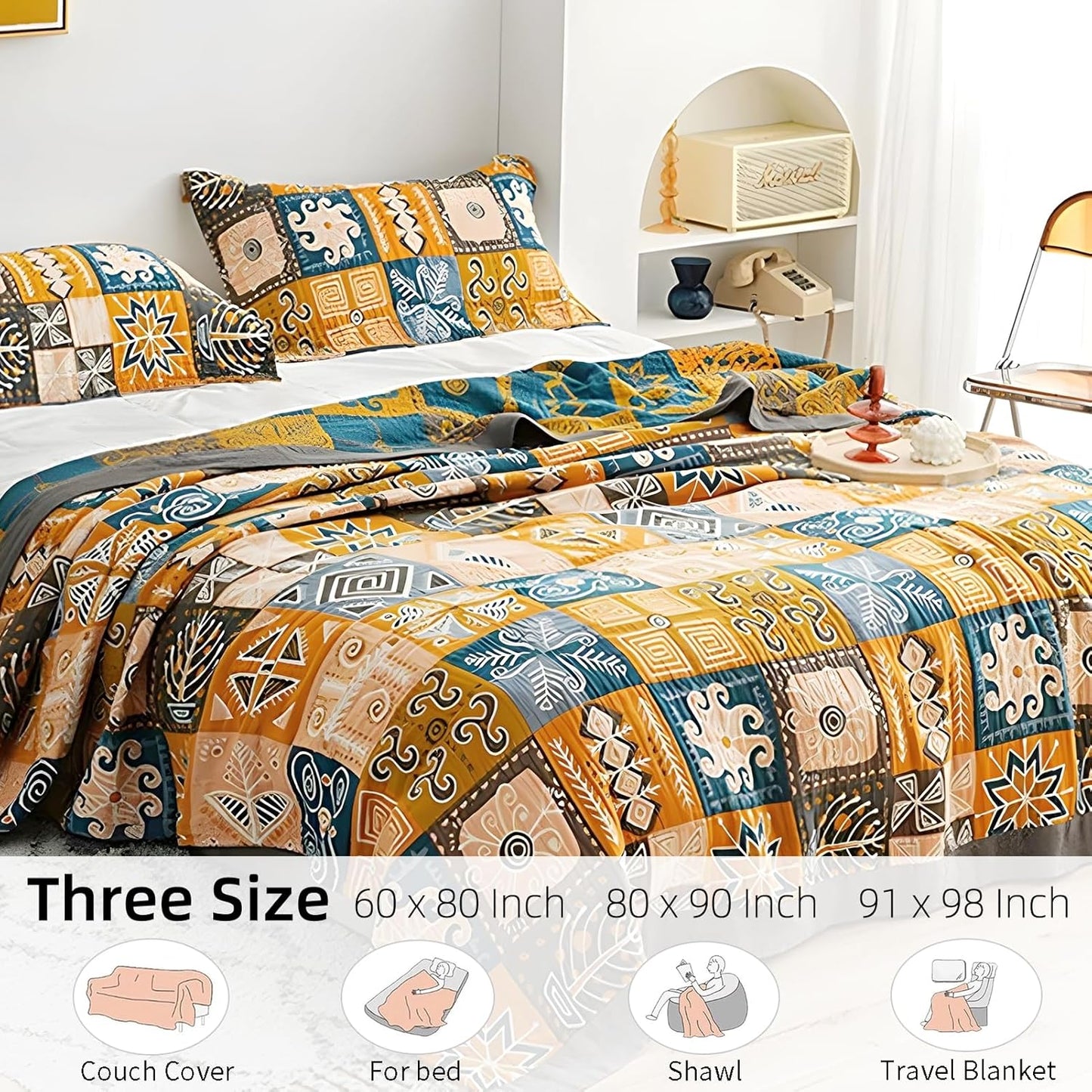 Boho Throw Blanket for Bed - 100% Pure Cotton Ultra Soft Rustic Quilt - Farmhouse Decor Bed Blankets, All Season Rustic Throw for Sofa Couch Chair(91''x 98'', Art Squares)