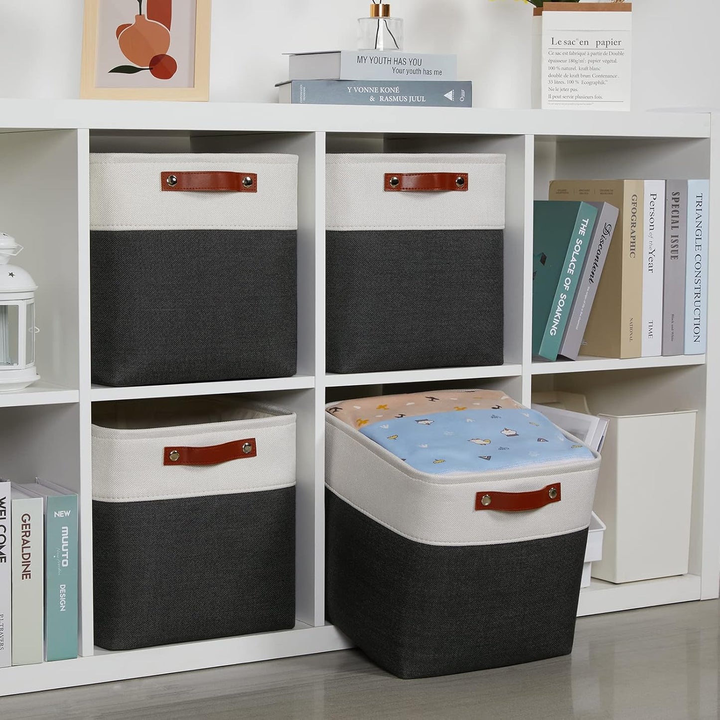 DULLEMELO Set Of 4 Cube Storage Bins, Fabric Storage Basket for Shelves Closet Nursery Toy Storage, 12 Inch Collapsible Fabric Bins for Toy Book Magazine Towel Organizers(4 Pack - 12" White&Black)