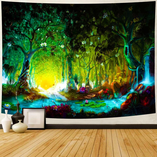 Delur Fantasy Forest Tapestry Mystical River Enchanted Magical Fairy Tale Tree Tapestry Sunrise Landscape Sunset Nature Psychedelic Wall Hanging Headboard for Bedroom Living Room Home Decor (70.8" x 92.5")