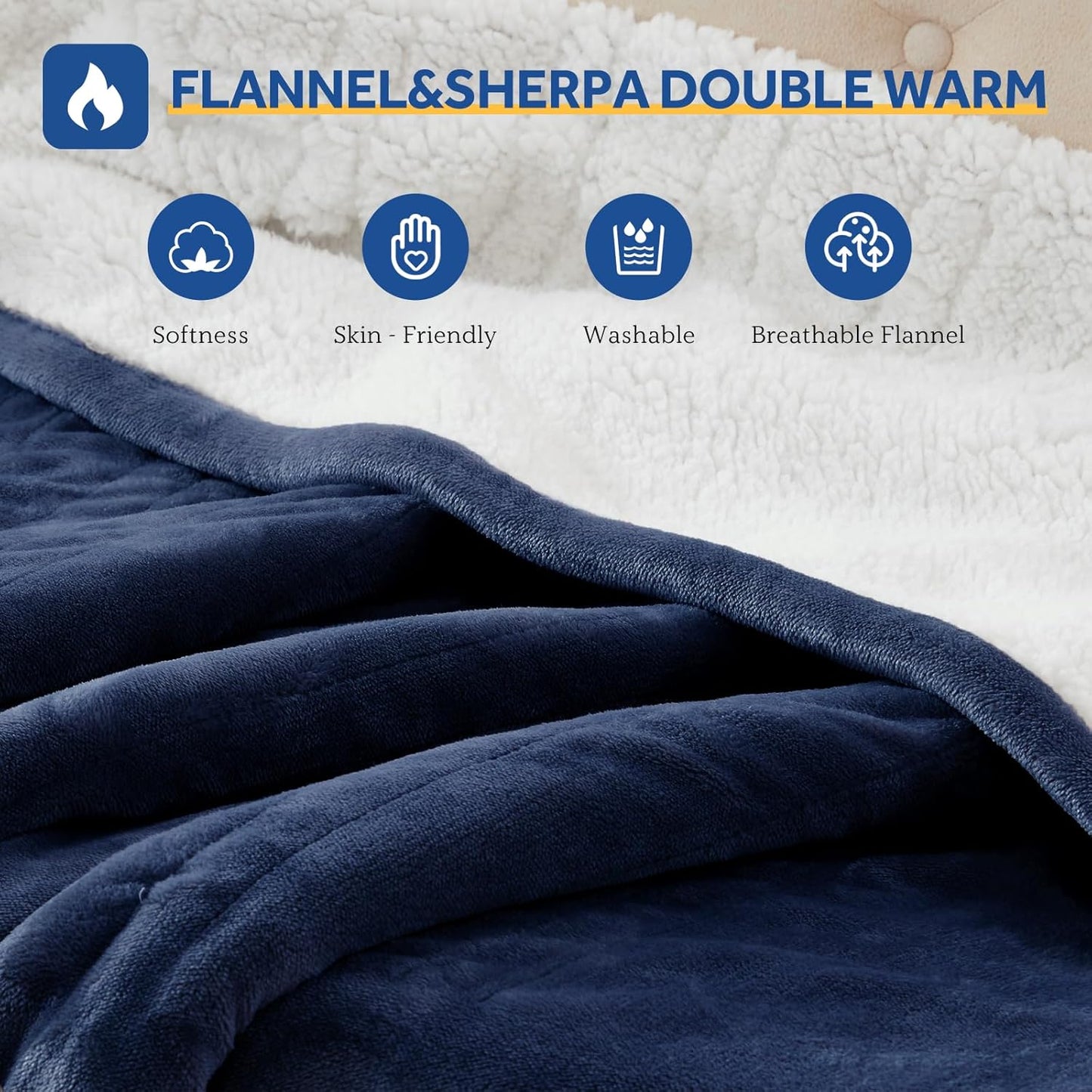 Sealy Electric Blanket Throw Size 50"*60",Super Cozy Flannel to Sherpa Reversible Heated Blanket Throw with 6 Heating Levels & 2-10 Hours Auto Off Overheating Protection Machine Washable,Navy