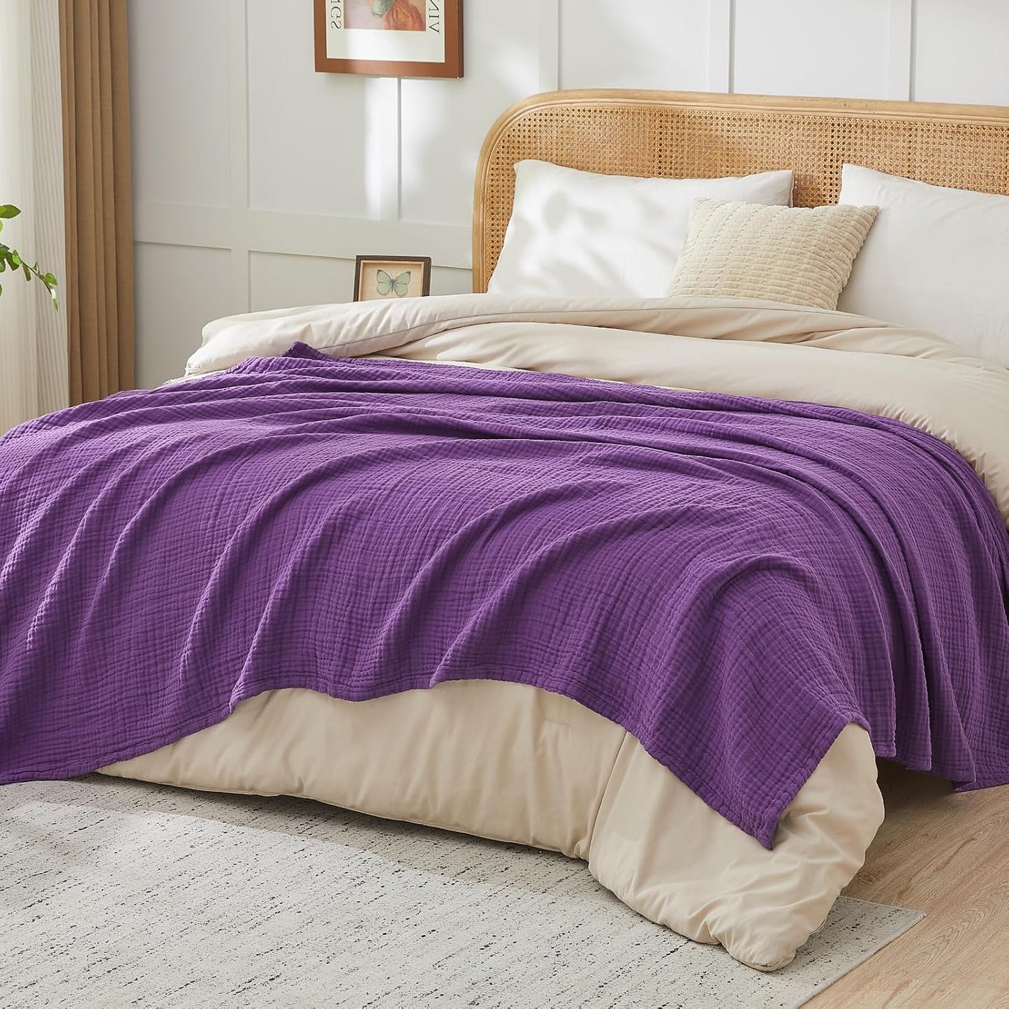 EMME Cotton Muslin Queen Blanket Bed Layering Breathable Gauze Blanket Soft Lightweight Blankets Adults (Purple, 90"x90")