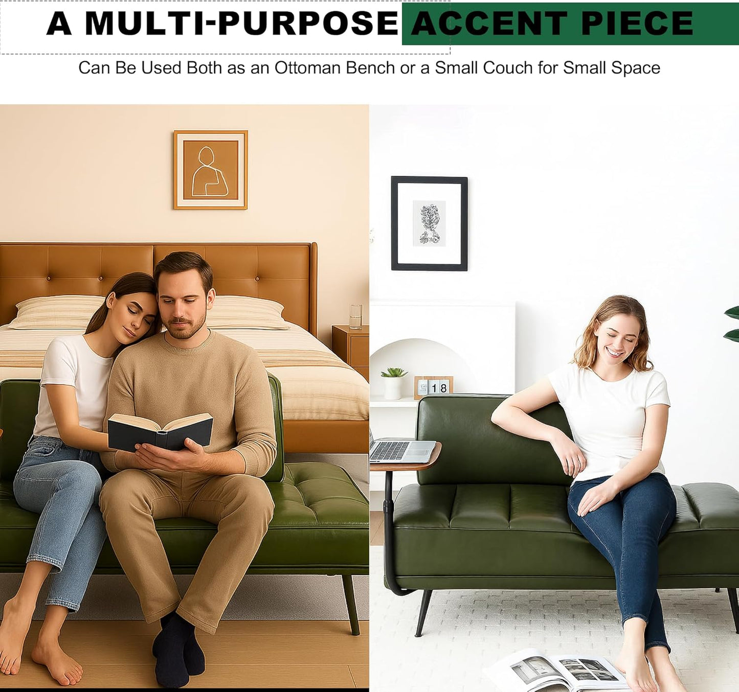 Sofa,Bed Bench,Small Spaces Furniture,Polyurethane Leather,Wood Frame,High Density Sponge Infillings,360-Degree Swivel Tray,Black Metal Leg (Green)