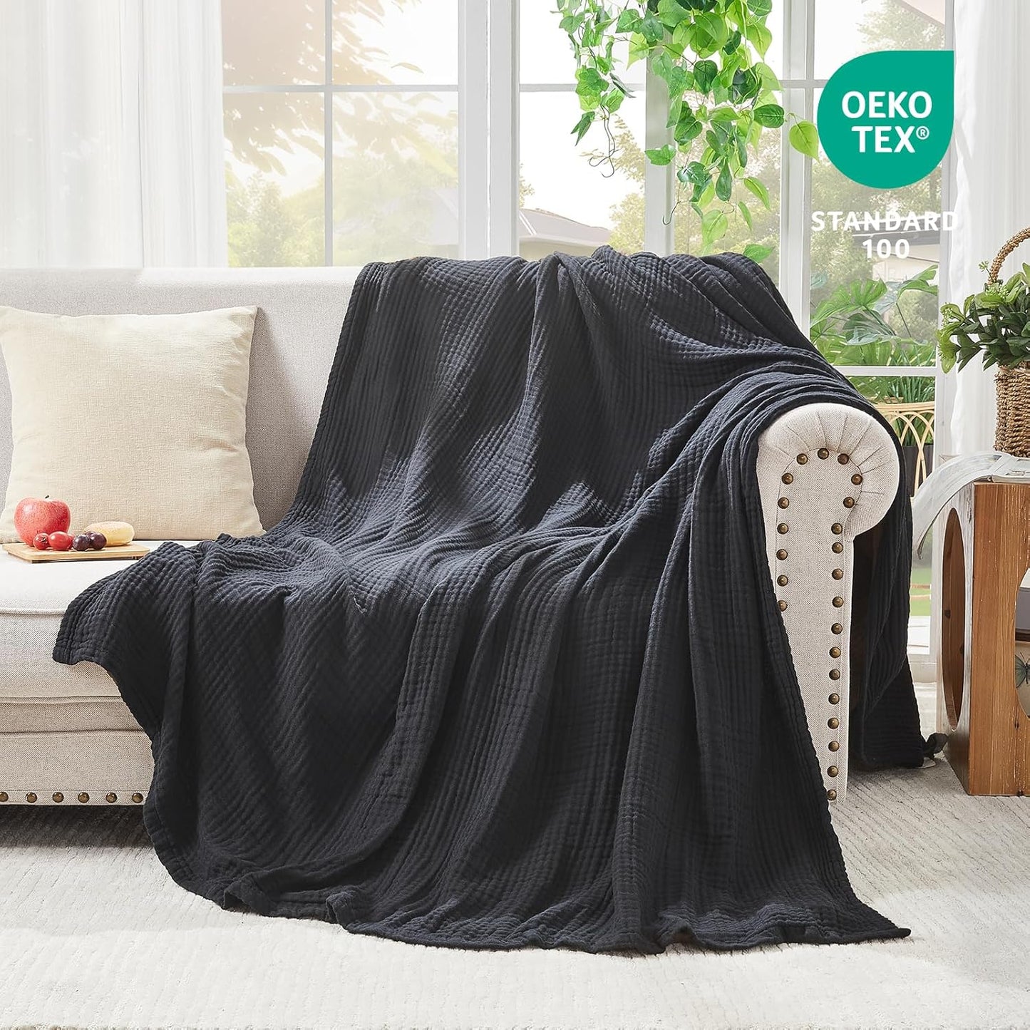 EMME Cotton Muslin King Blanket Bed Layering Breathable Gauze Blanket Soft Lightweight Blankets Adults (Black, 108"x90")