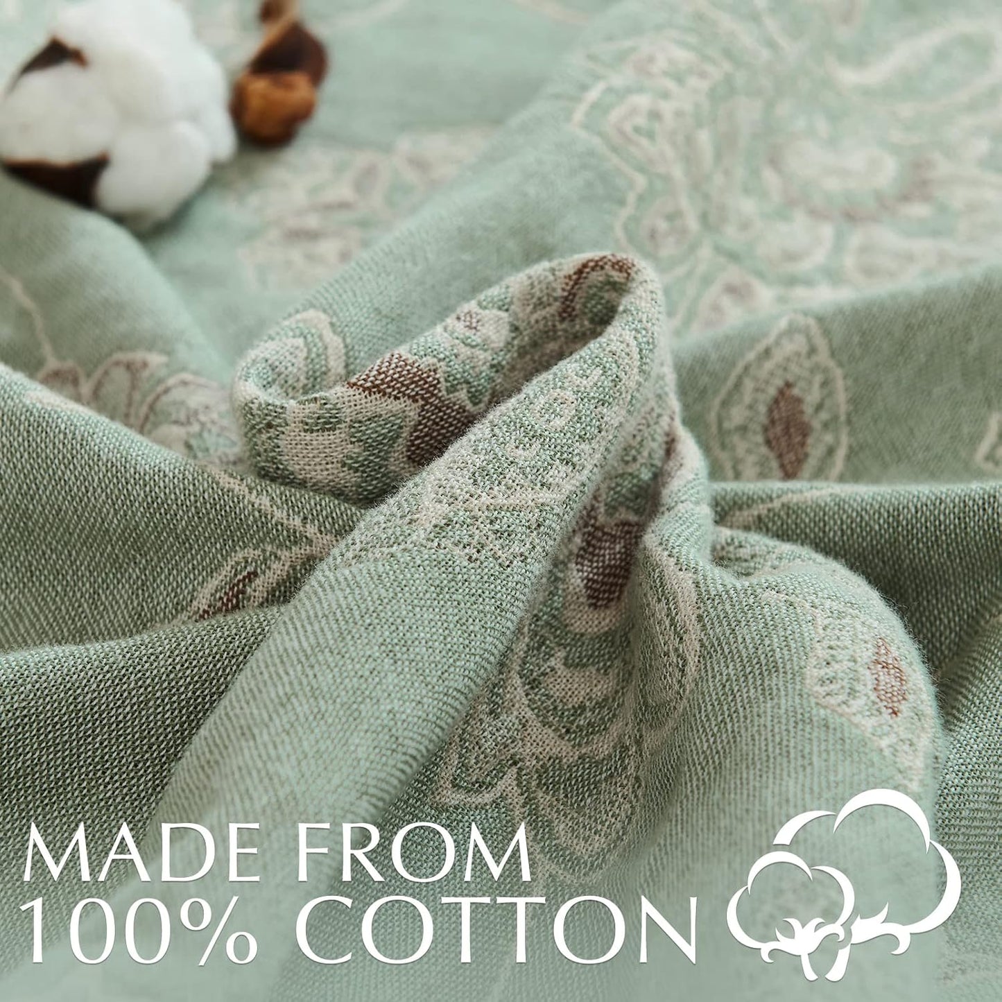 jinchan Boho 100% Cotton Muslin Twin Size 60x80 Inches Blanket Lightweight 4-Layer Quilted Soft Green and Beige Floral Throw Blanket Reversible Comfy Flower Breathable All Seasons Couch Bedroom Decor