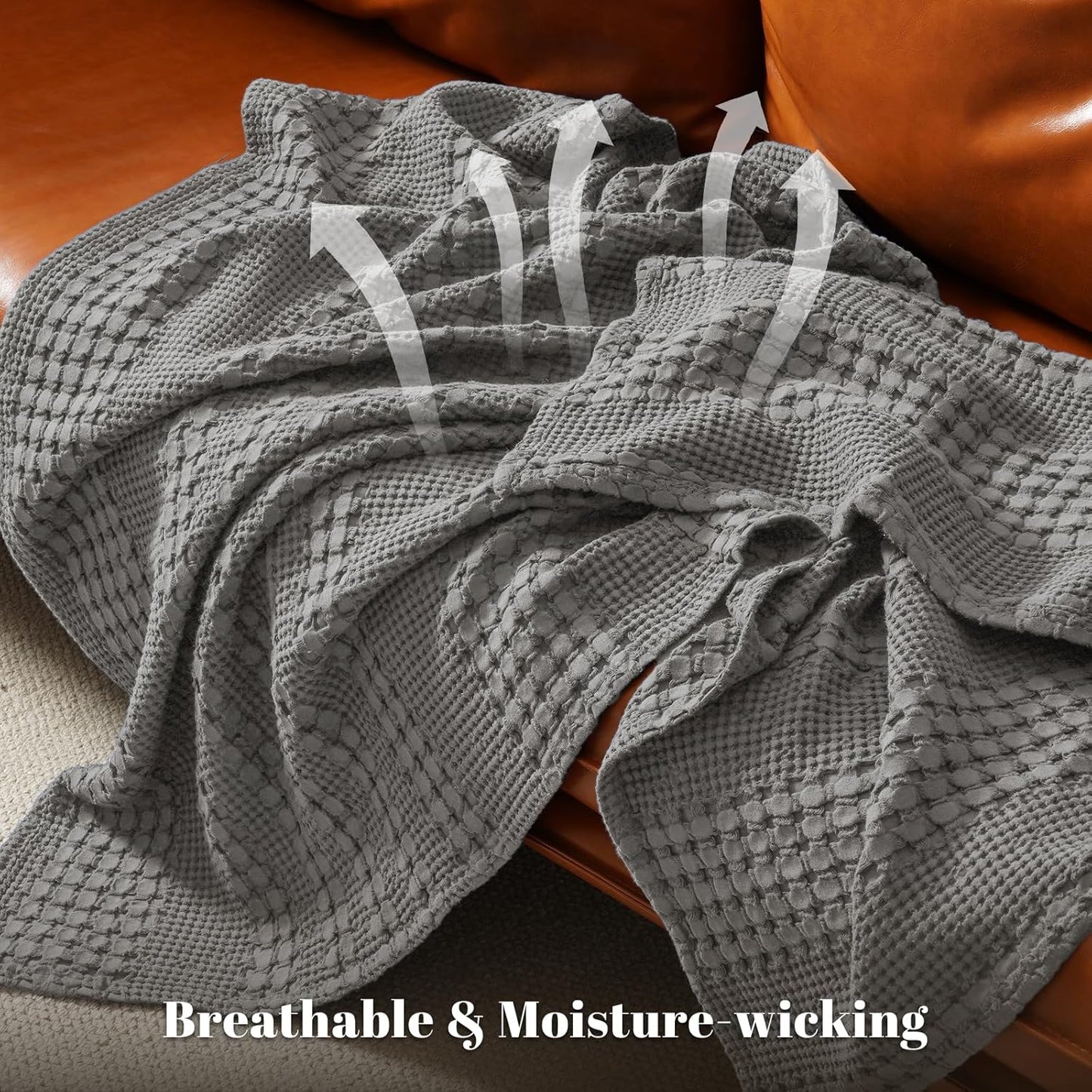 PHF 100% Cotton Waffle Weave Throw Blanket, Soft Lightweight Breathable Cozy Summer Throws for Couch Bed Sofa, Luxury Aesthetic Woven Blanket for Home Decor & Office, 50"x60", Dark Grey