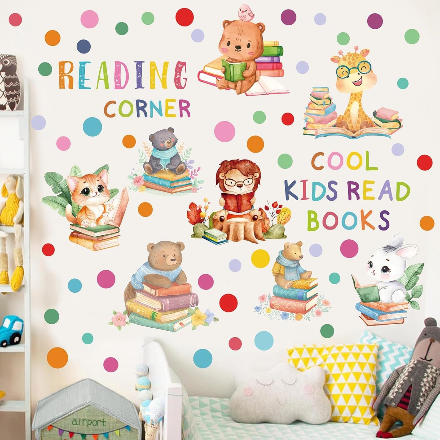 Reading Corner Decor,Reading Books Wall Decals,Learning Study Wall Stickers,Cartoon Animals Window Decals,Giraffe Bear Rabbit Read Books Stickers for Toddler Nursery Bedroom Classroom School