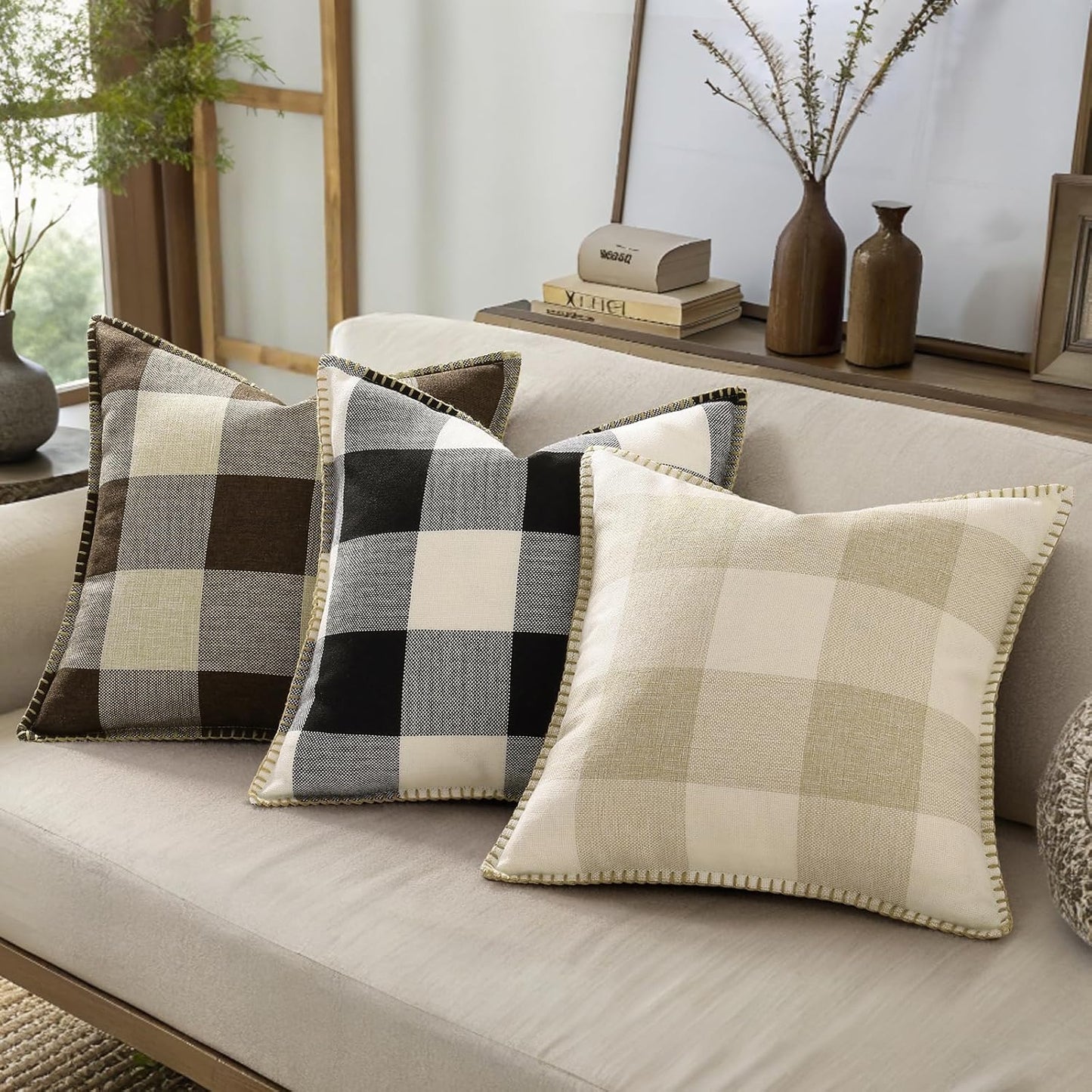 decorUhome Buffalo Plaid Check Throw Pillow Covers 16x16 Set of 2, Outdoor Decorative Farmhouse Neutral Pillow Covers with Stitched Edge for Bed Couch Sofa, Black and White