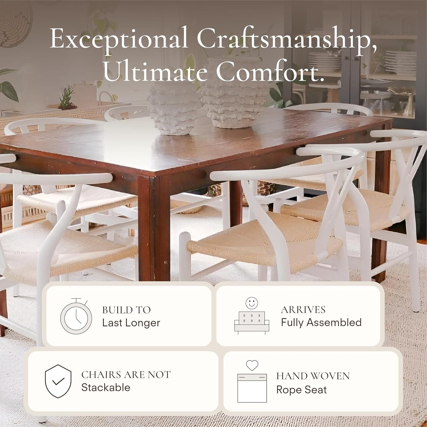 POLY & BARK Weave Dining Chairs – Mid-Century Modern Wishbone Dining Chairs with Arms, Solid Wood Frame, Indoor Use – White – Set of 2 - Ideal for Dining Room, Kitchen or Stylish Accent Setting