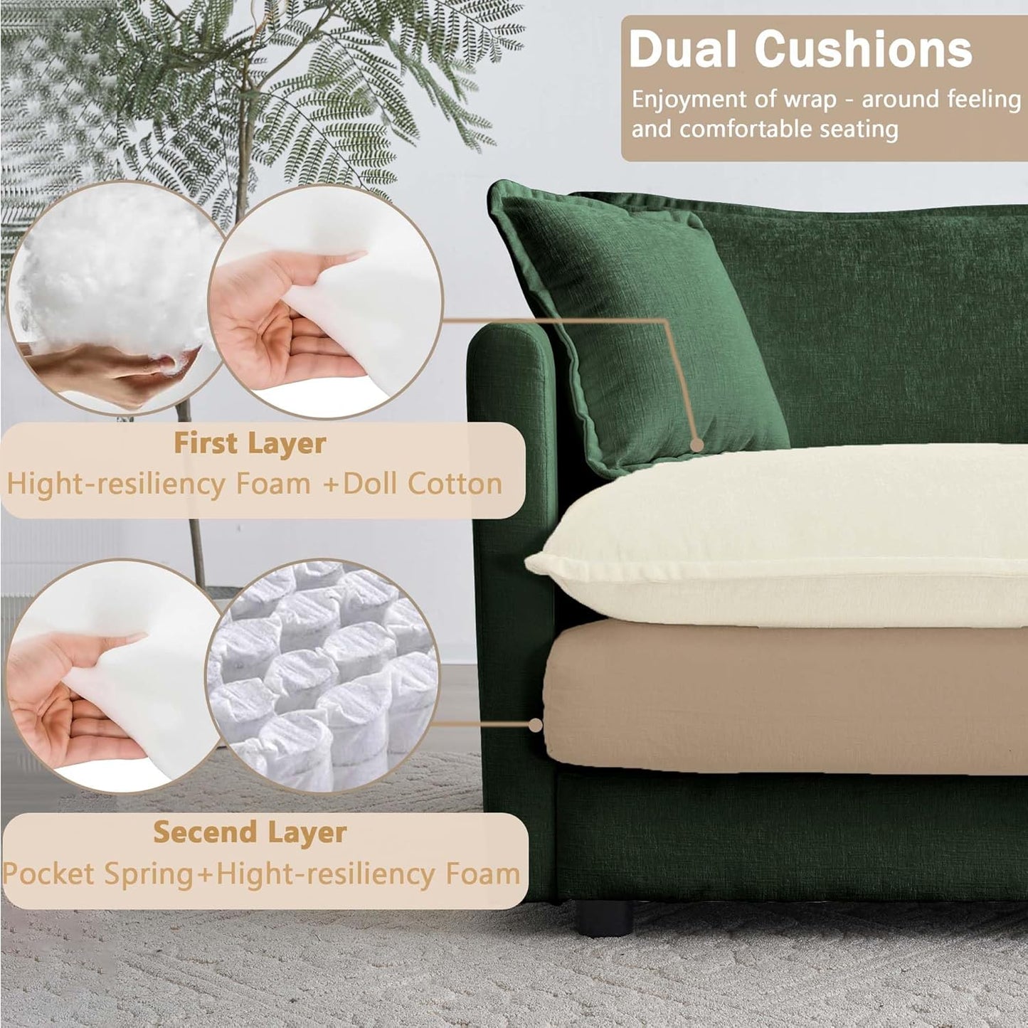 Sectional Sofa 3 Seater with Movable 2 Ottomans,Oversized Modular Couch Deep Seat (Green, 111.5 inch-U)