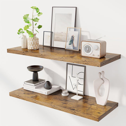 36" Floating Shelves for Wall, 12" Deep Slim Rustic Brown Floating Shelves, Wall-Mounted Shelves for Bedroom, Living Room, Kitchen, Bathroom - Set of 2