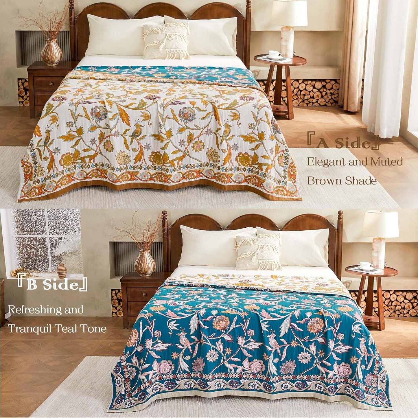 Fall Throw Blanket for Couch, Brown Boho Decorative Throw Blanket, 100% Cotton Muslin Breathable Woven Farmhouse Blankets Quilt, 50"x60" Reversible Lightweight Blankets Bohemian Throw Quilt