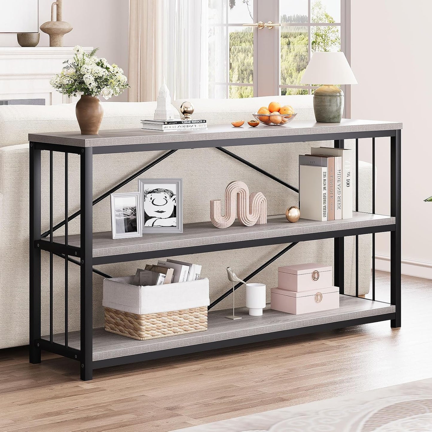 LVB Farmhouse Industrial Console Table, Wood Metal Foyer Entryway Sofa Tables with Storage, 3 Tier Long Rustic Entry Table TV Stand with Shelves for Home Living Room Hallway, Light Grey Oak, 55 Inch