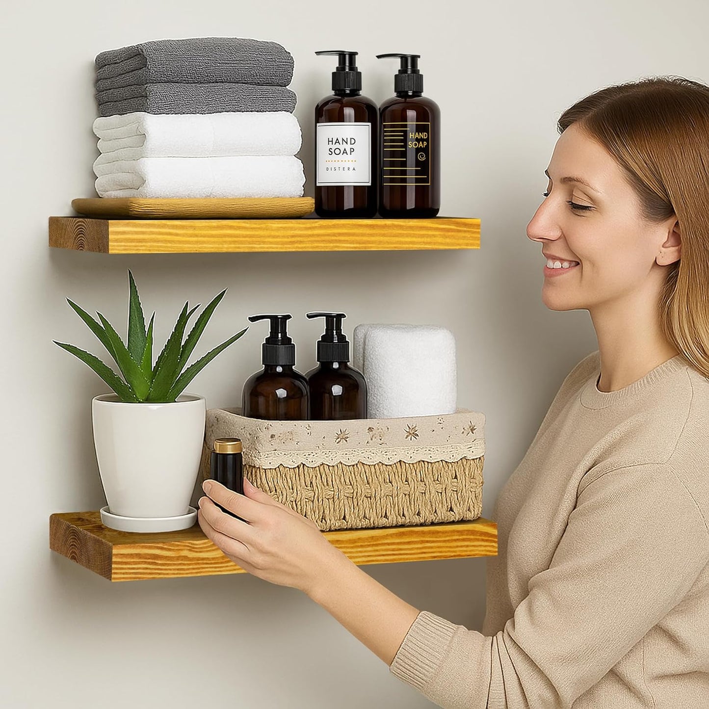 BGMG Wood Floating Shelves for Wall 16 inch Set of 2, Rustic Wooden Wall Mount Shelves for Living Room Bedroom Kitchen Farmhouse-16x6.7x1.25 inch- Gold Oak