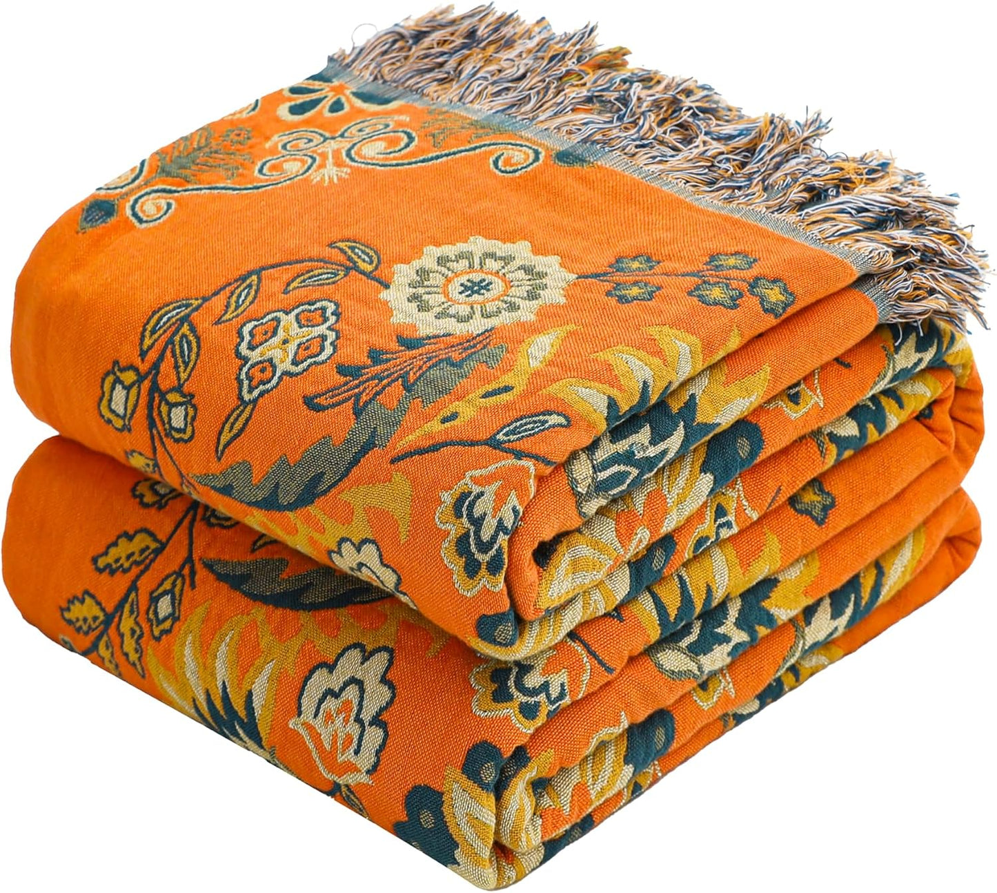 Boho Large Throw Blanket, 100% Organic Cotton Breathable Soft Bed Throw - Floral Farmhouse Decor Blanket for Sofa Couch Chair and Gift. 91" x 98"- Orange