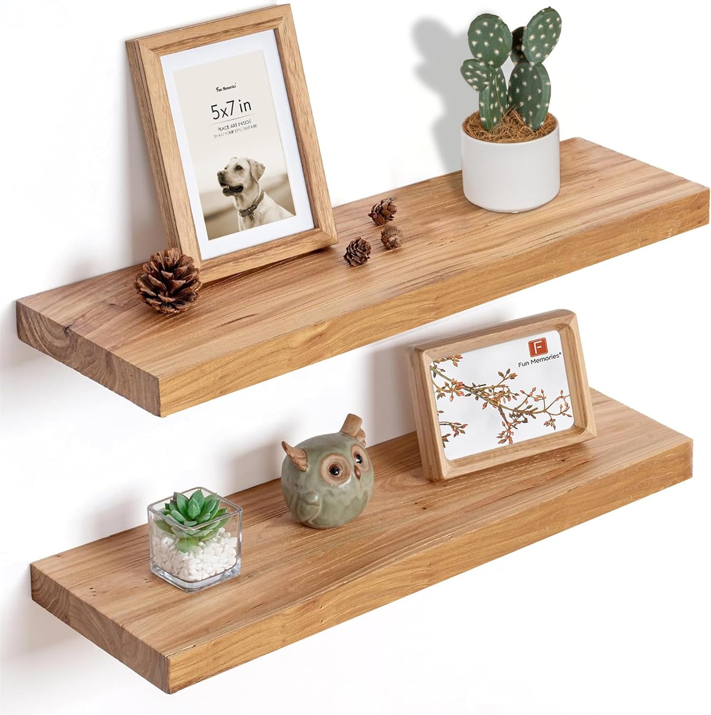 Fun Memories Floating Shelves for Wall, 24"x9.3" Rustic Solid Elm Wood Shelves, Heavy-Duty Wall Mounted Shelves with Invisible Brackets, Set of 2 for Living Room, Bedroom, Kitchen, Natural Finish