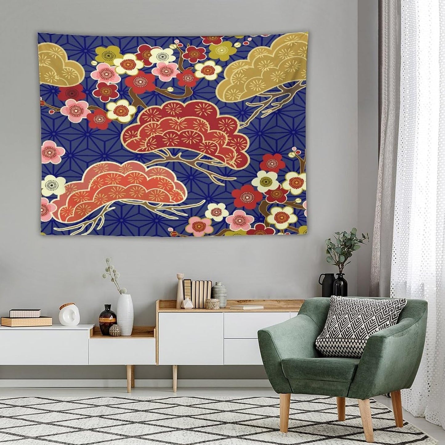 HZOHNAGO Japanese Tapestry Art Abstract Colorful Cherry Blossom Blue Background Pattern Printed Wall Tapestry Painting Wall Hanging for Bedroom Living Room Dorm 80" W x 60" H