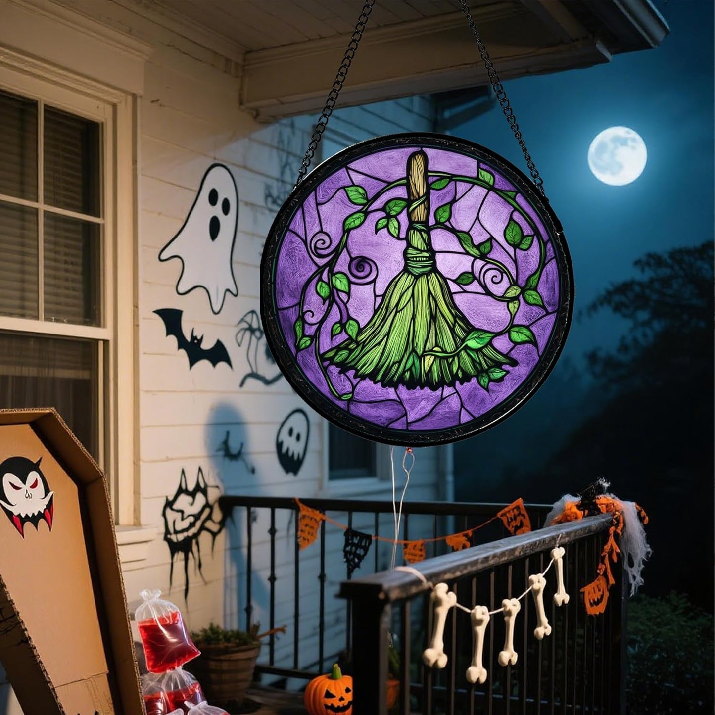 Stained Glass Window Hanging - Halloween Decorations Witch Magic Broom Suncatcher for Doors Garden Indoor Funny Spooky Sun Catchers Gothic Decor Horror Gifts for Women Men Friend 6.3 in