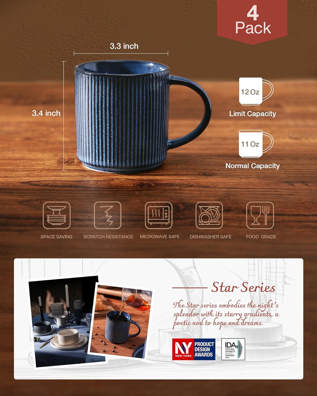 famiware Coffee Mug Set for 4, Star 12 oz Catering Mugs Cup Set with Handle for Coffee, Tea, Cocoa, Milk - Ceramic Stoneware Drinkware Set, Nebulas Blue