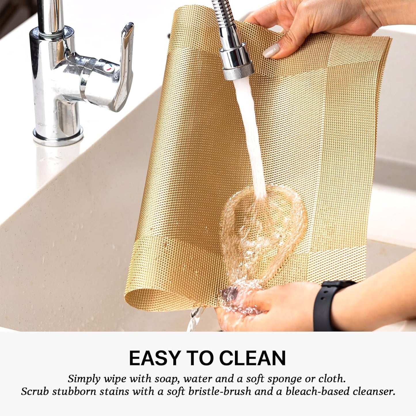 LEXMORE Placemats Set of 4 Vinyl/Plastic Woven Place Mats for Kitchen Table Indoor/Outdoor Washable Placemat Wipeable Dining Table Mats(G-Gold Cube)