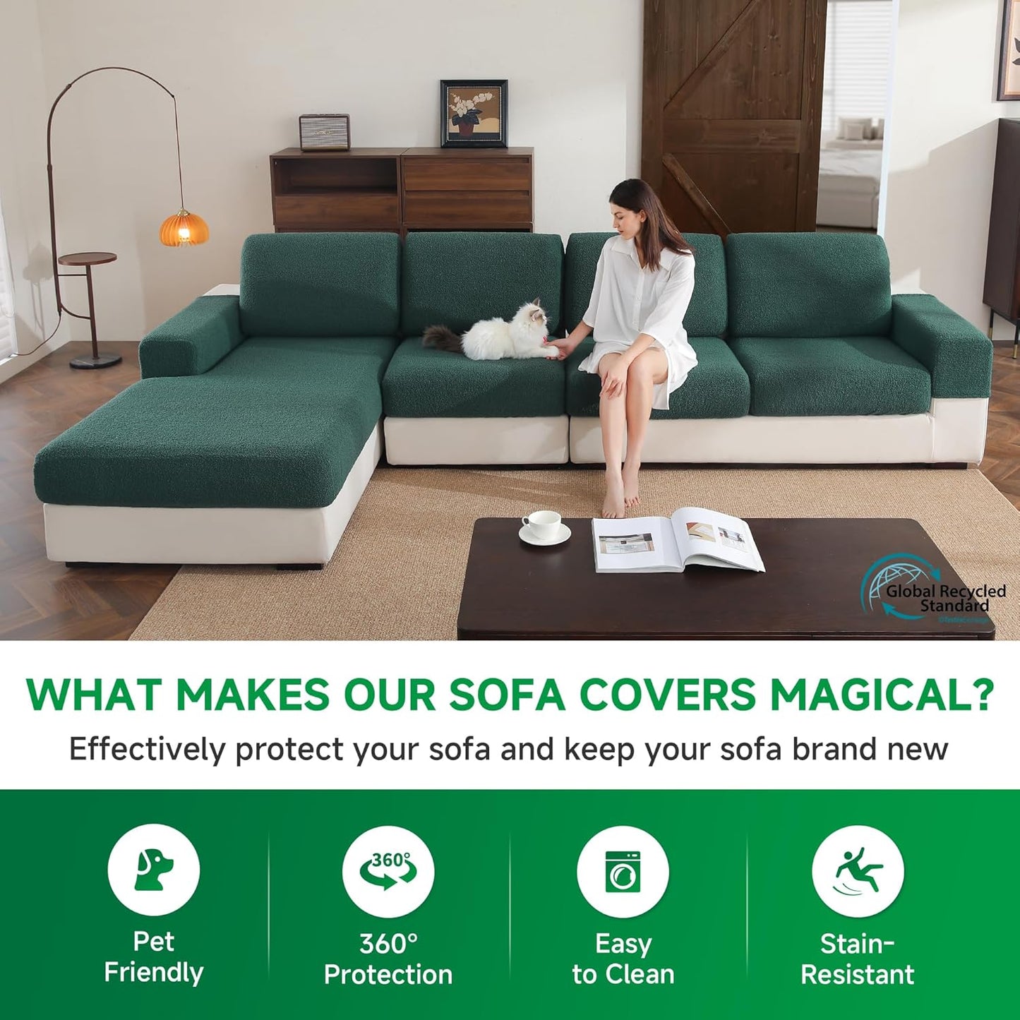 Couch Cushion Covers for Sectional Sofa, Stretch Soft Sofa Slipcovers Washable Wear-Resistant Universal Furniture Protector for Living Room(1 Piece Back Couch Cover, Green)