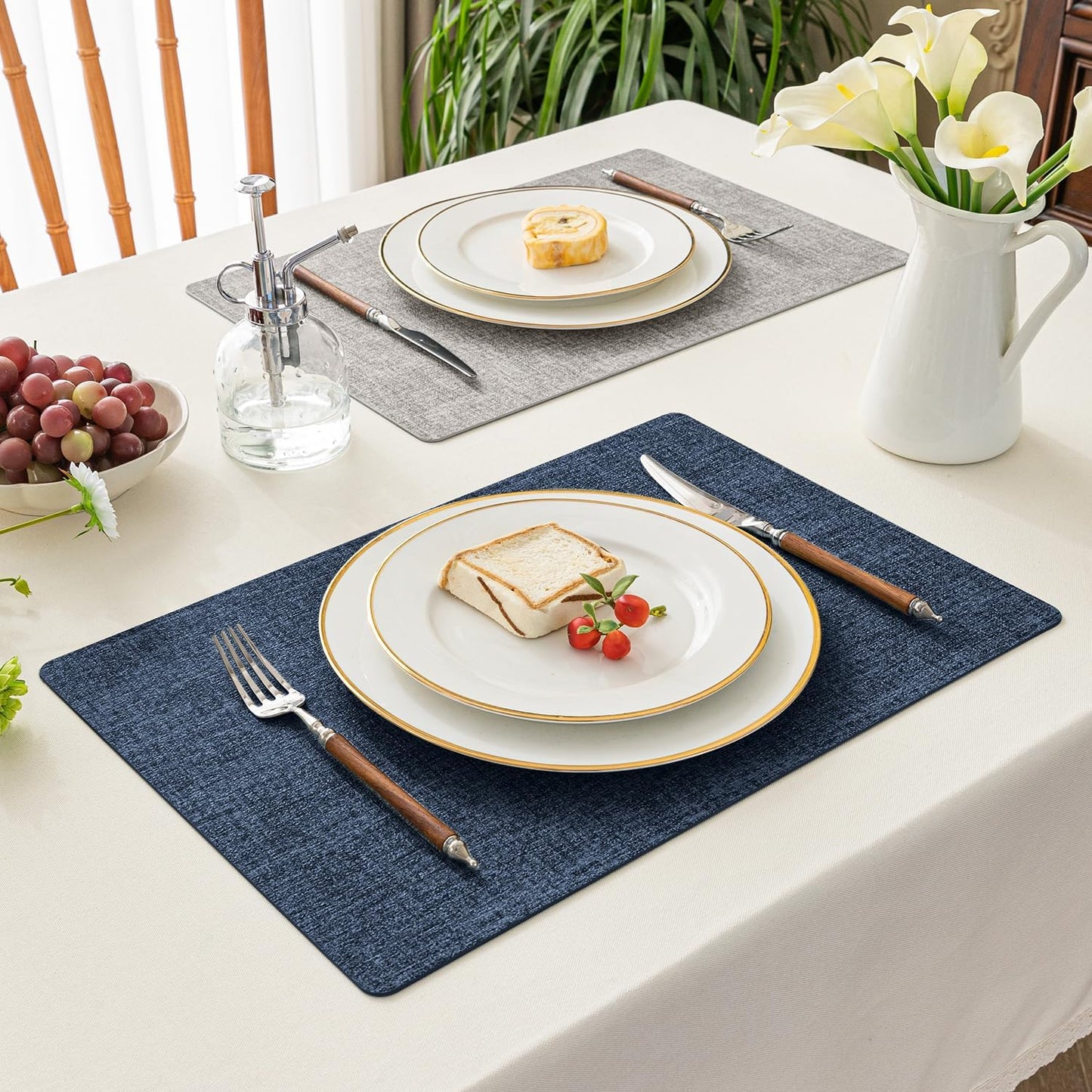 Romanstile Reversible Vinyl Placemats Set of 8, Faux Leather 100% Waterproof Oil-proof Wipeable Place Mats, Heat Resistant Dual Sided Table Mats for Kitchen/Dining/Party (Grey Nave Blue, 12 x 17 Inch)