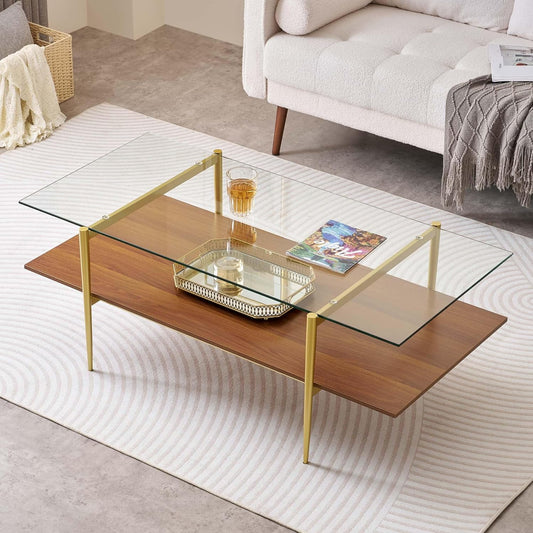 X-Large Rectangle Glass Coffee Table, Mid-Century Modern Design, for Living Room, L47 x W24 x H17 Inch, Clear Glass Top and Walnut MDF Shelf, Sleek Conical Legs with Gold Finish Frame