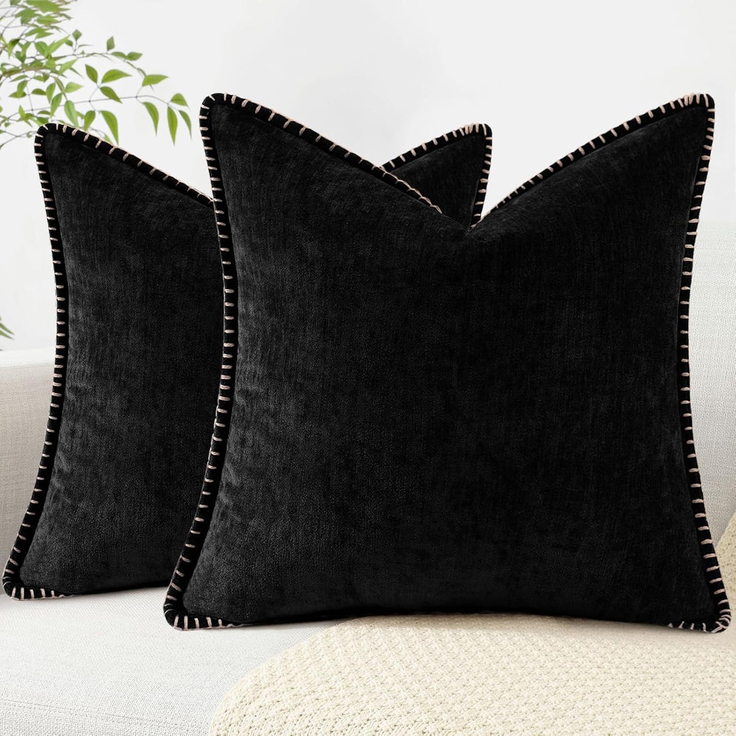 decorUhome Chenille Soft Throw Pillow Covers 24x24 Set of 2, Farmhouse Velvet Neutral Decorative Euro Pillow Covers with Stitched Edge for Couch Sofa Bed Home Decor, Black