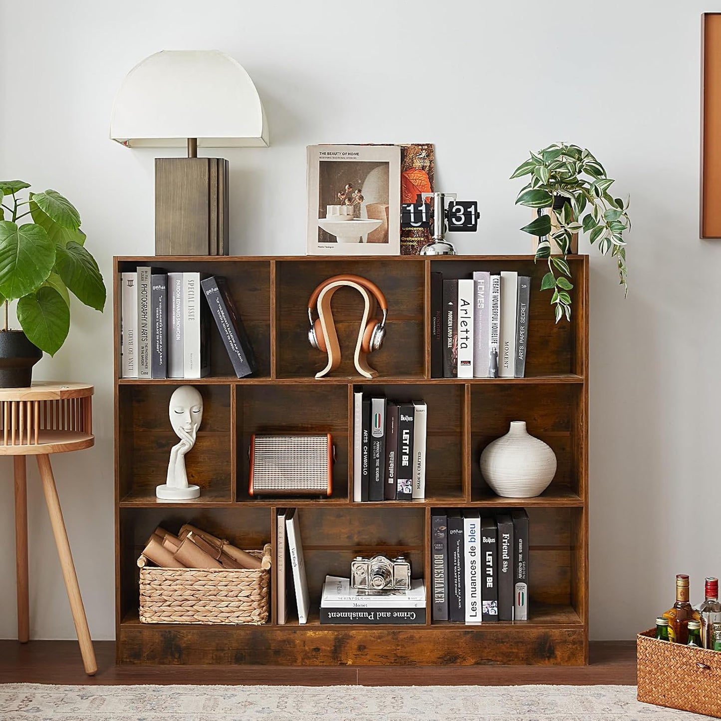 LEYAOYAO 10 Cube Bookshelf with Base,3 Tier Mid-Century Modern Grey Bookcase,Standing Wide Bookshelves Storage Organizer Shelf,Rustic Wood Display Cabinet Book Shelves for Bedroom,Living Room,Office