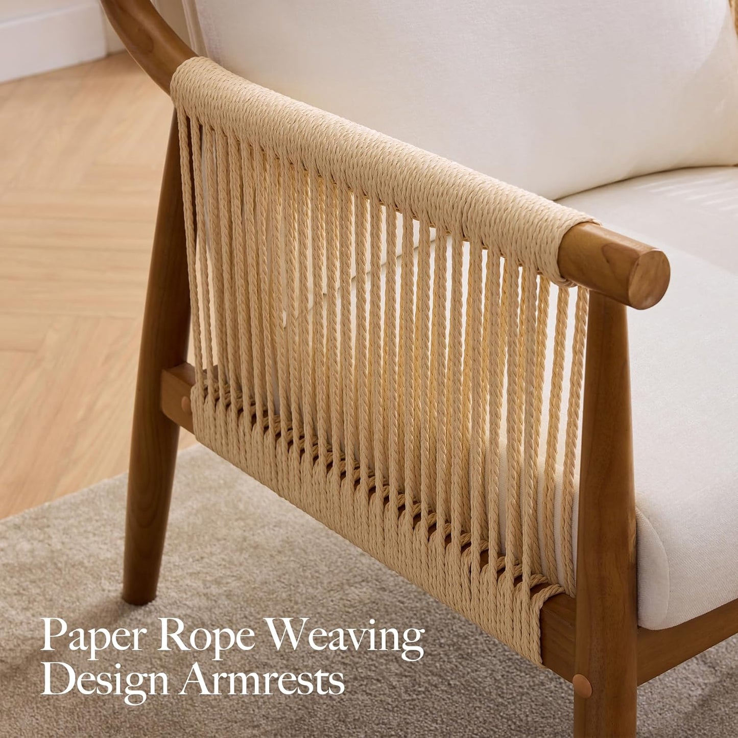 Braid Accent Chair for Living Room Bedroom Reading Room, Rattan Modern Boho Armchair with Solid Wooden Armrest & Frame and Cushions