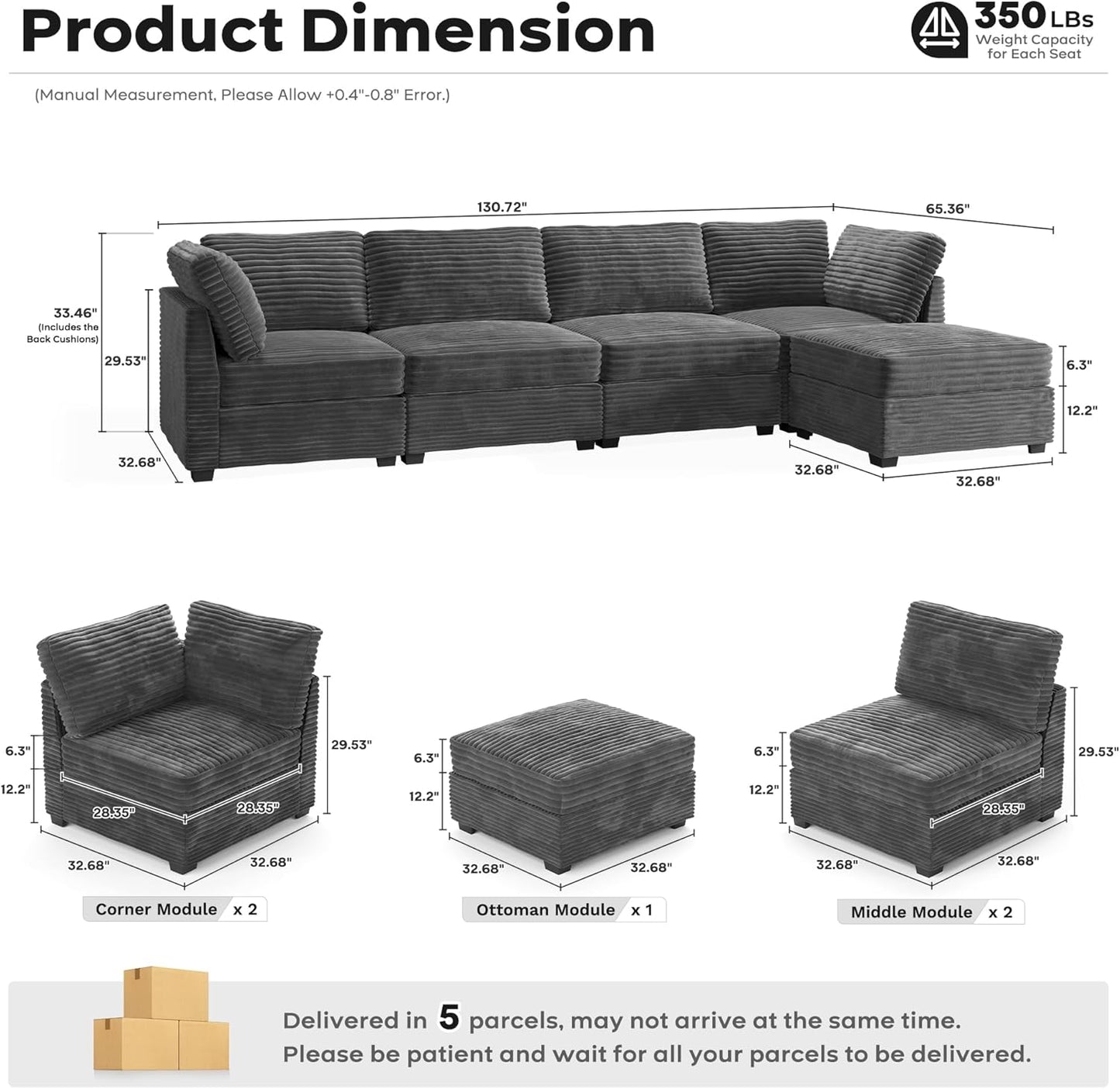 ovios Sectional Sofa Couch with L-Shape Chaise Ottoman, Comfy Modular Cloud Couches with Deep Seat, Modern Upholstered Plush Corduroy Sofas Set for Living Room, 5-Seater, Grey